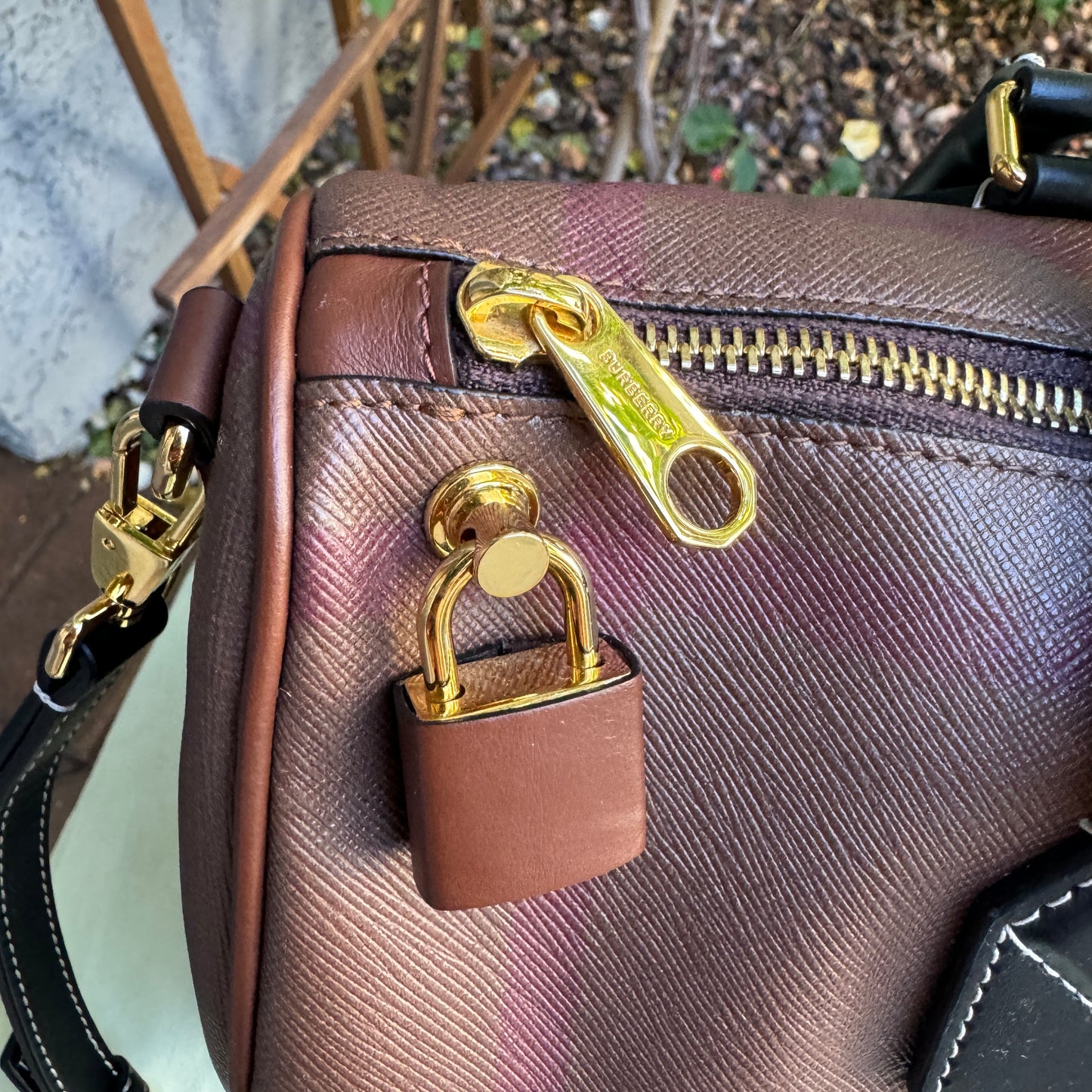 Burberry Dark Birch Brown Check and Leather Medium Bowling Bag