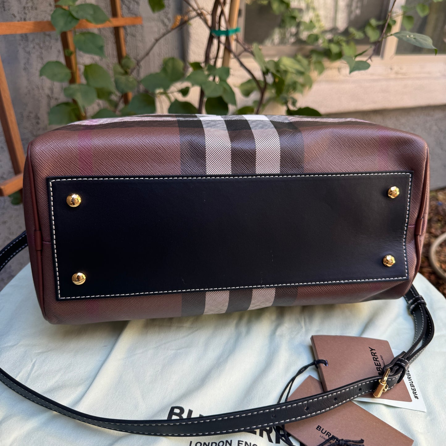 Burberry Dark Birch Brown Check and Leather Medium Bowling Bag