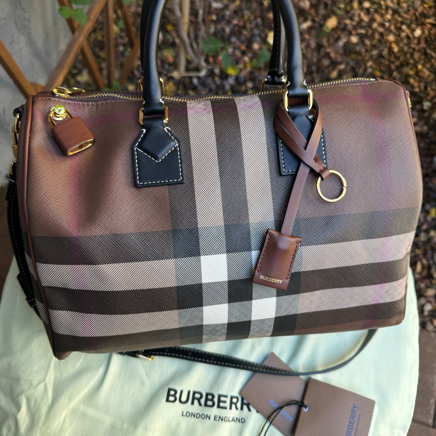 Burberry Dark Birch Brown Check and Leather Medium Bowling Bag