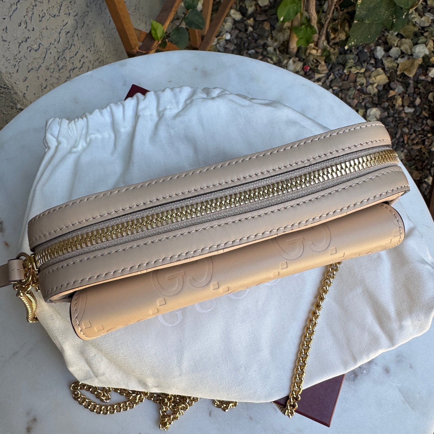 Gucci Calfskin GG Super Mini Debossed Chain Wallet Crossbody