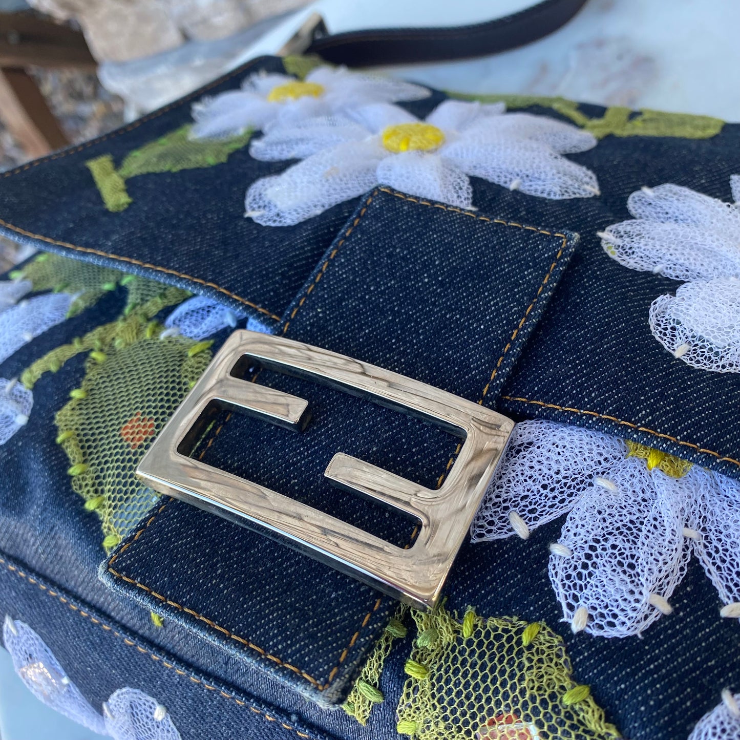 Fendi Denim Flower Mama Baguette Shoulder Bag