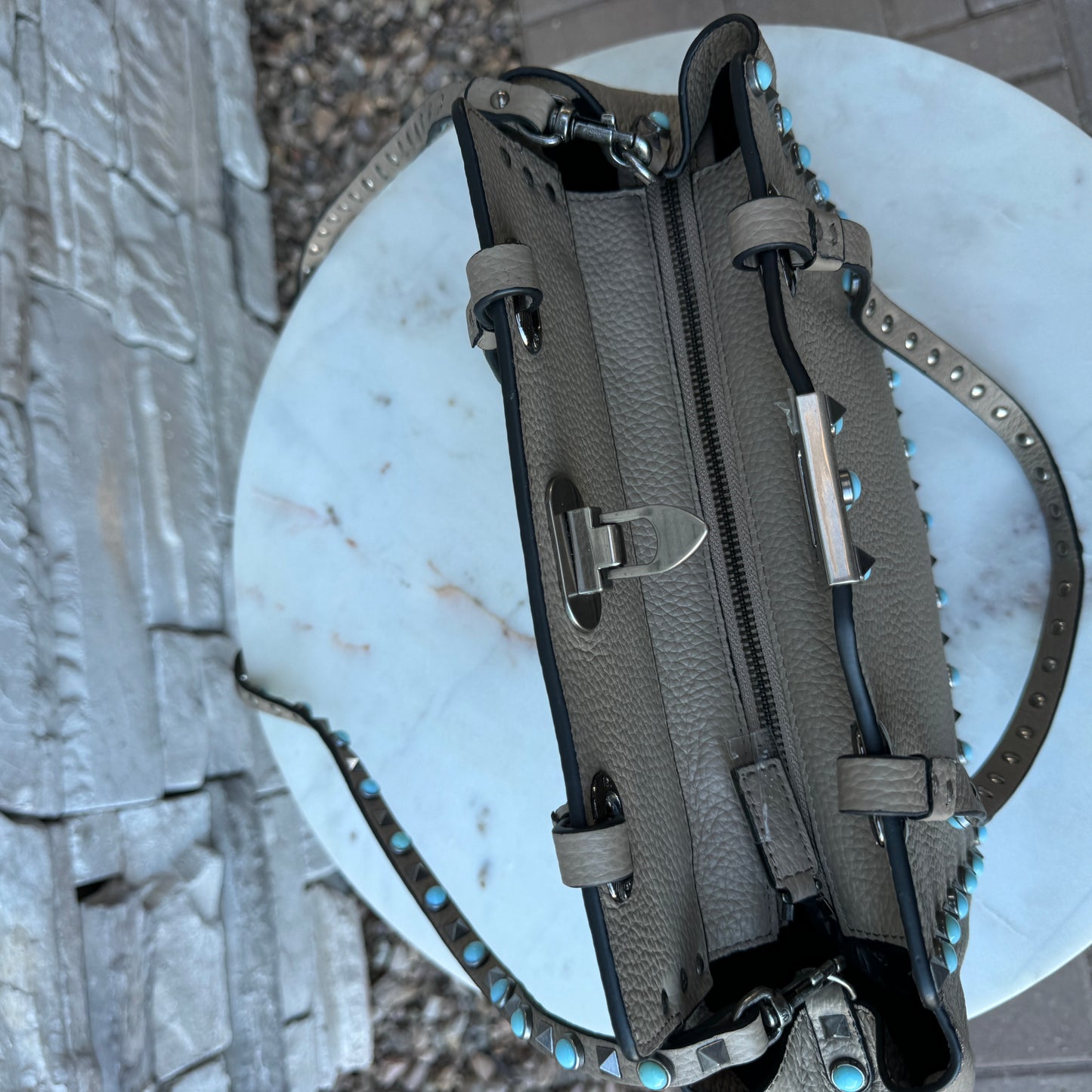 Valentino Garavani Rolling Turquoise Rockstud Tote