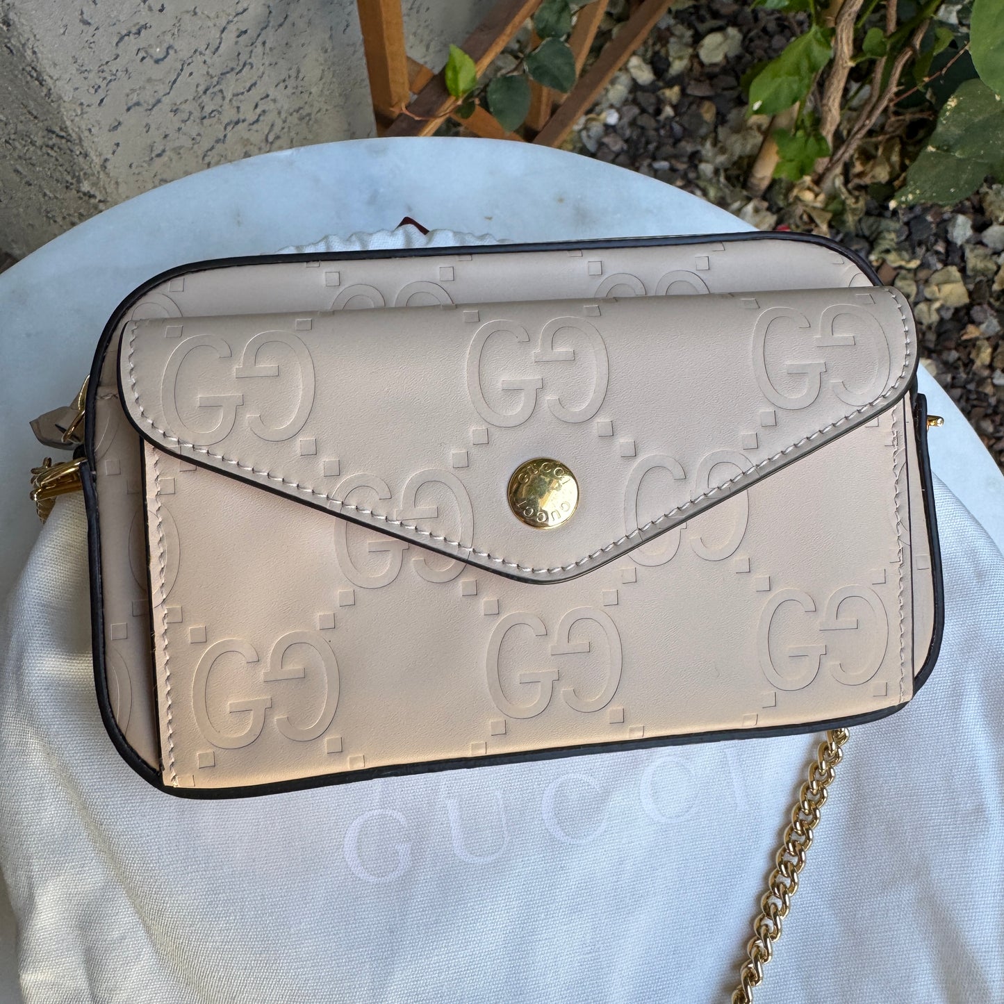 Gucci Calfskin GG Super Mini Debossed Chain Wallet Crossbody
