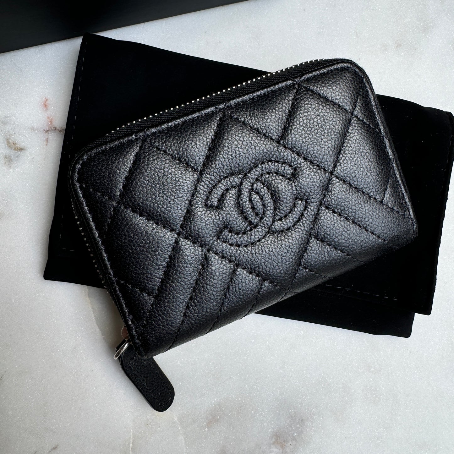Chanel Caviar Diamond Quilted Leather Compact Zippy Wallet