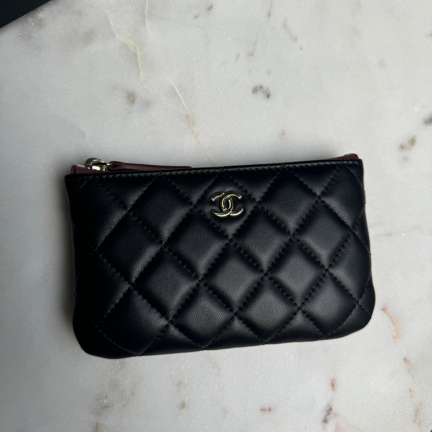Chanel Lambskin Leather O-Case Zipper Pouch Wallet