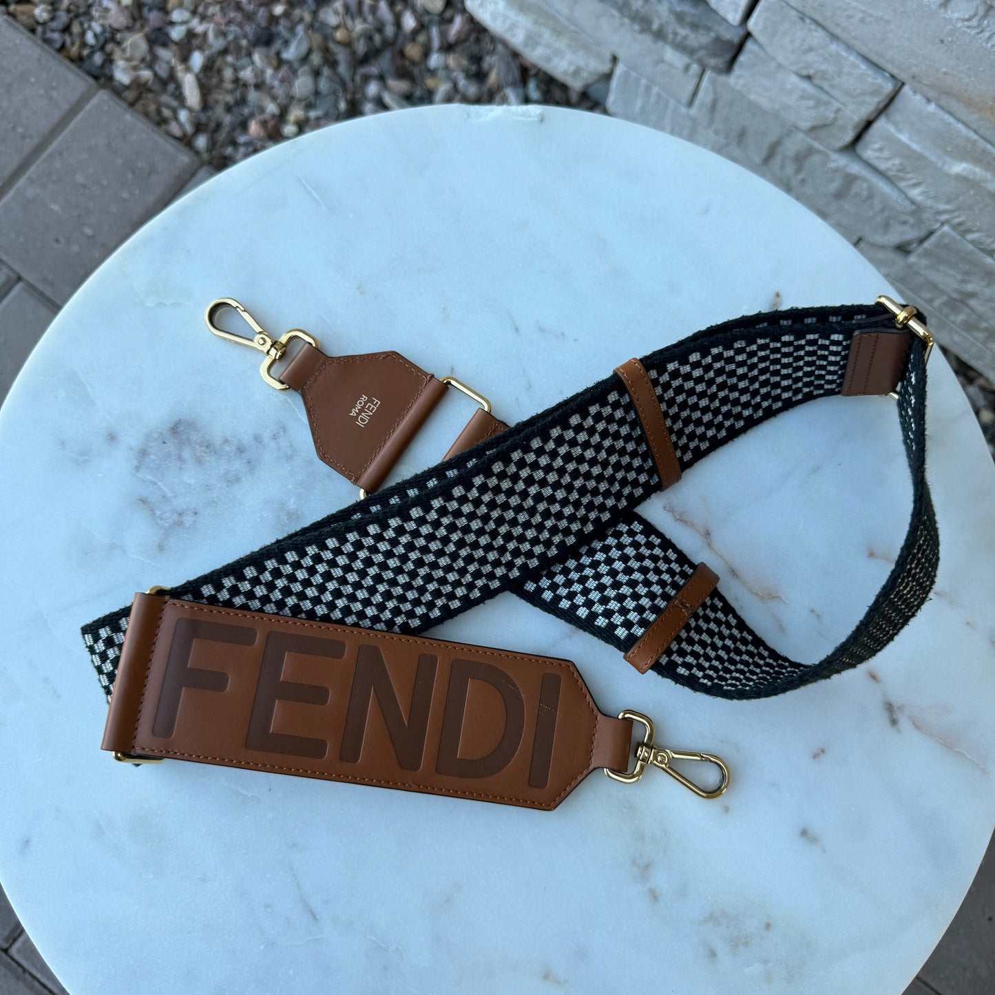 Fendi Logo Strap You Shoulder Strap Check Canvas and Leather