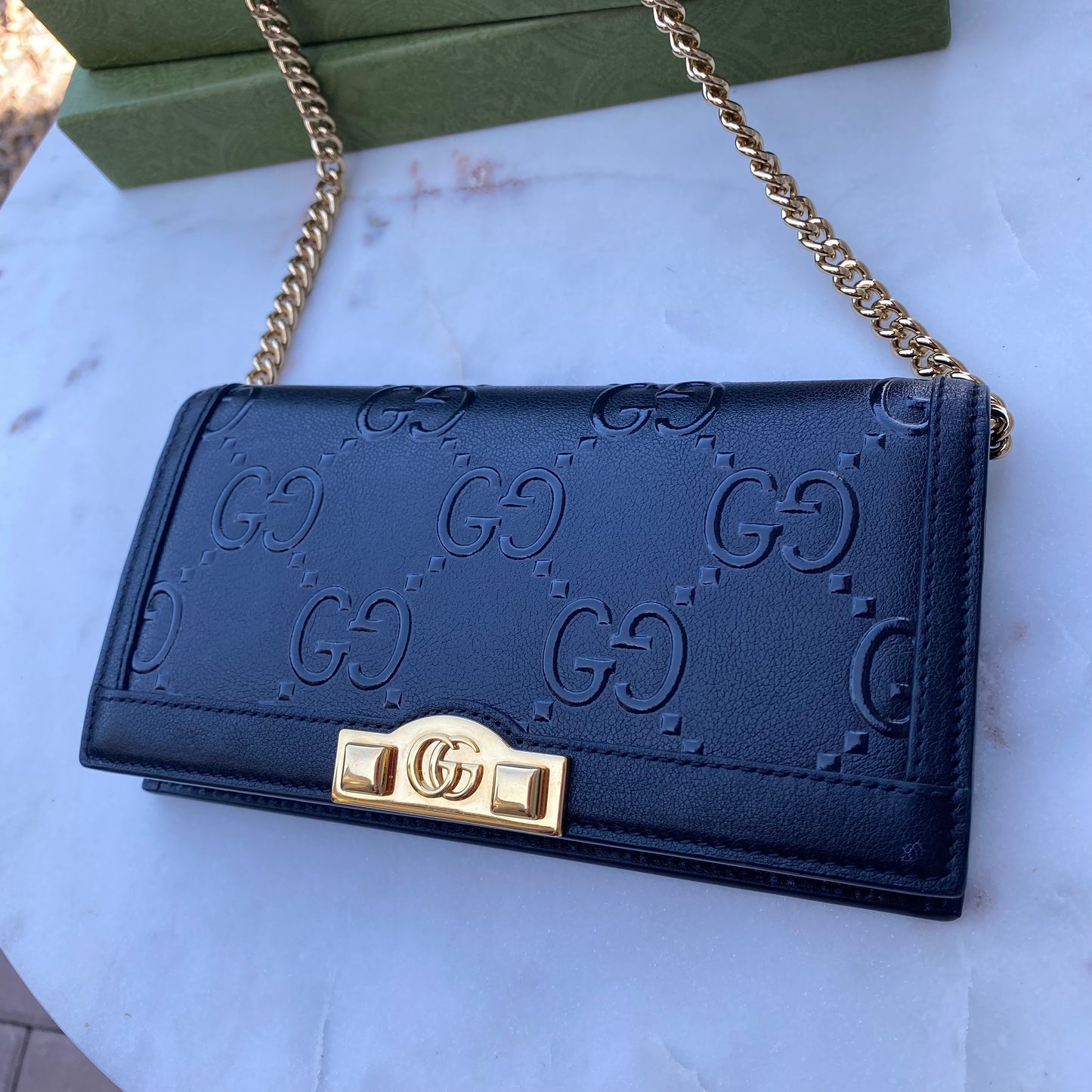 Gucci Full Flap Wallet on Chain GG Embossed Leather Crossbody