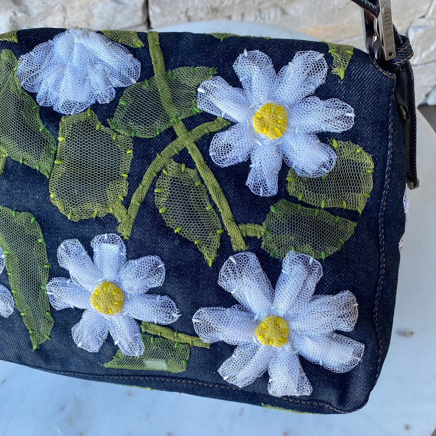 Fendi Denim Flower Mama Baguette Shoulder Bag