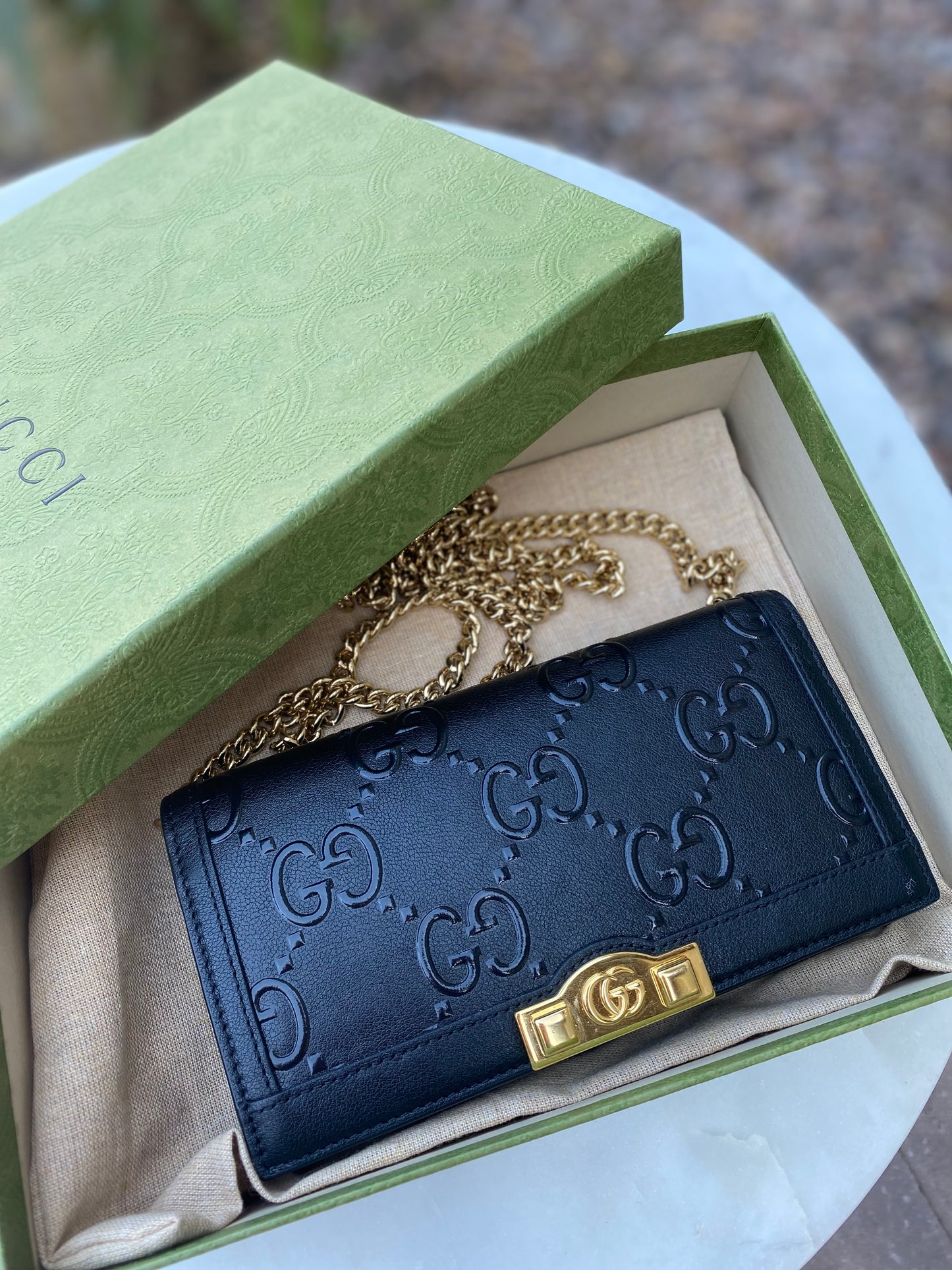 Gucci Full Flap Wallet on Chain GG Embossed Leather Crossbody