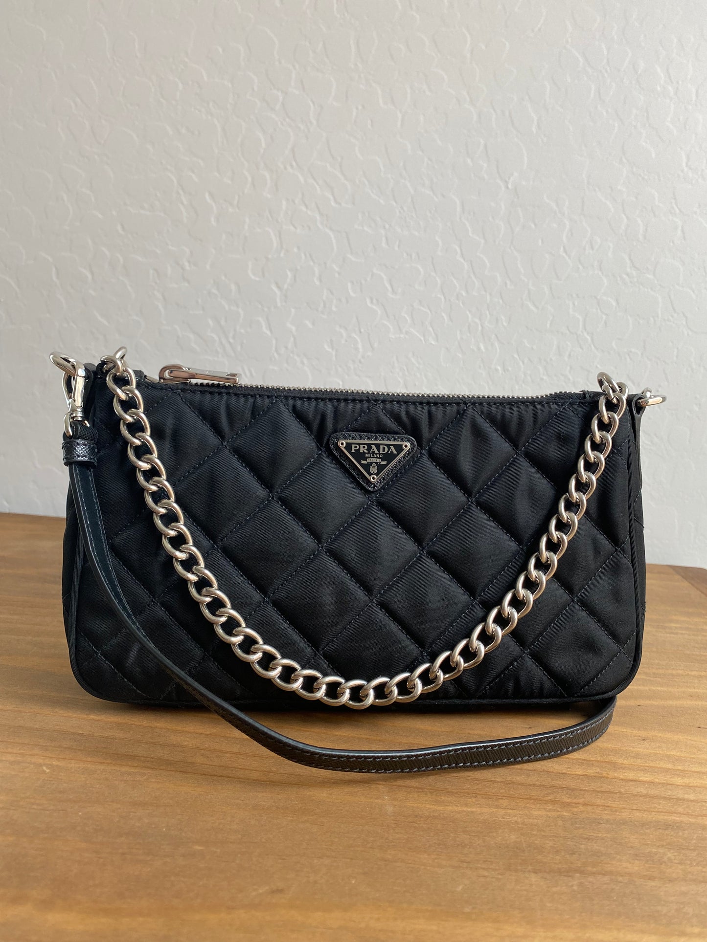 Prada Nylon Quilted Convertible Pochette Chain Crossbody