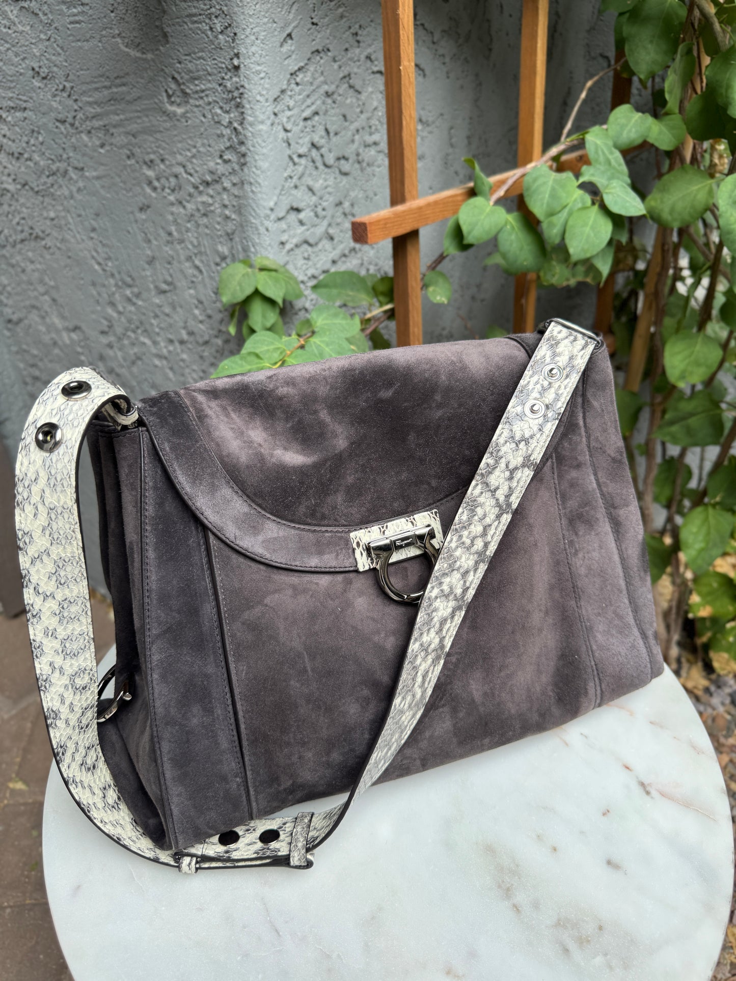 Ferragamo Suede and Python Shoulder Bag