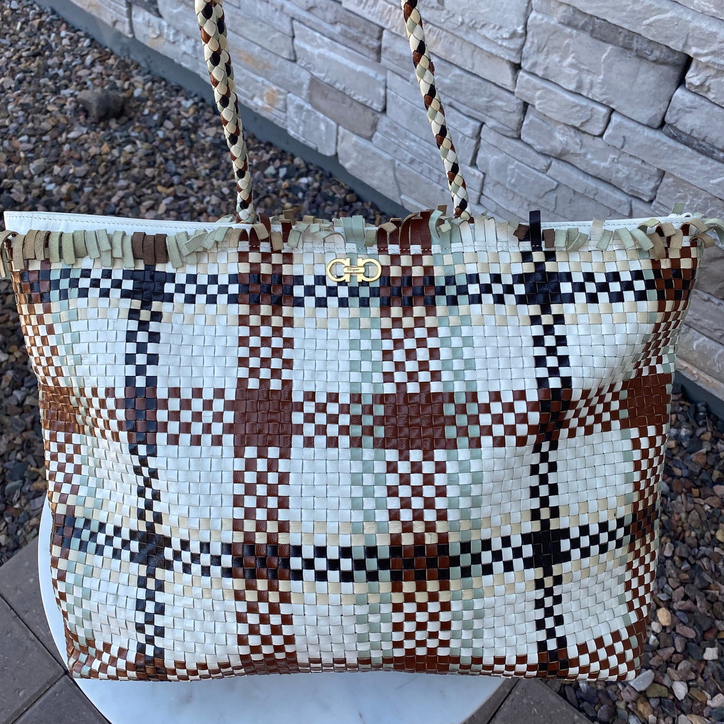 Salvatore Ferragamo Gancini Intrecciato Woven Leather Tote