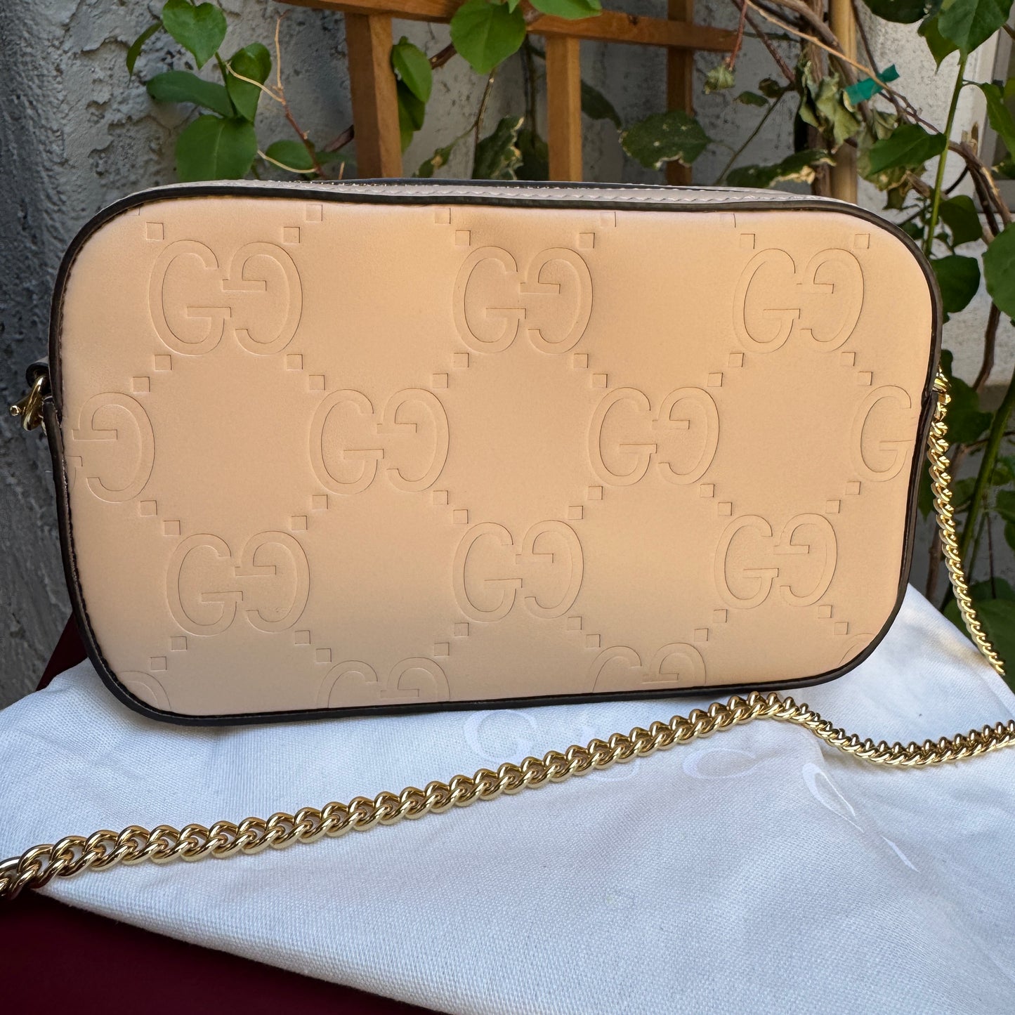 Gucci Calfskin GG Super Mini Debossed Chain Wallet Crossbody