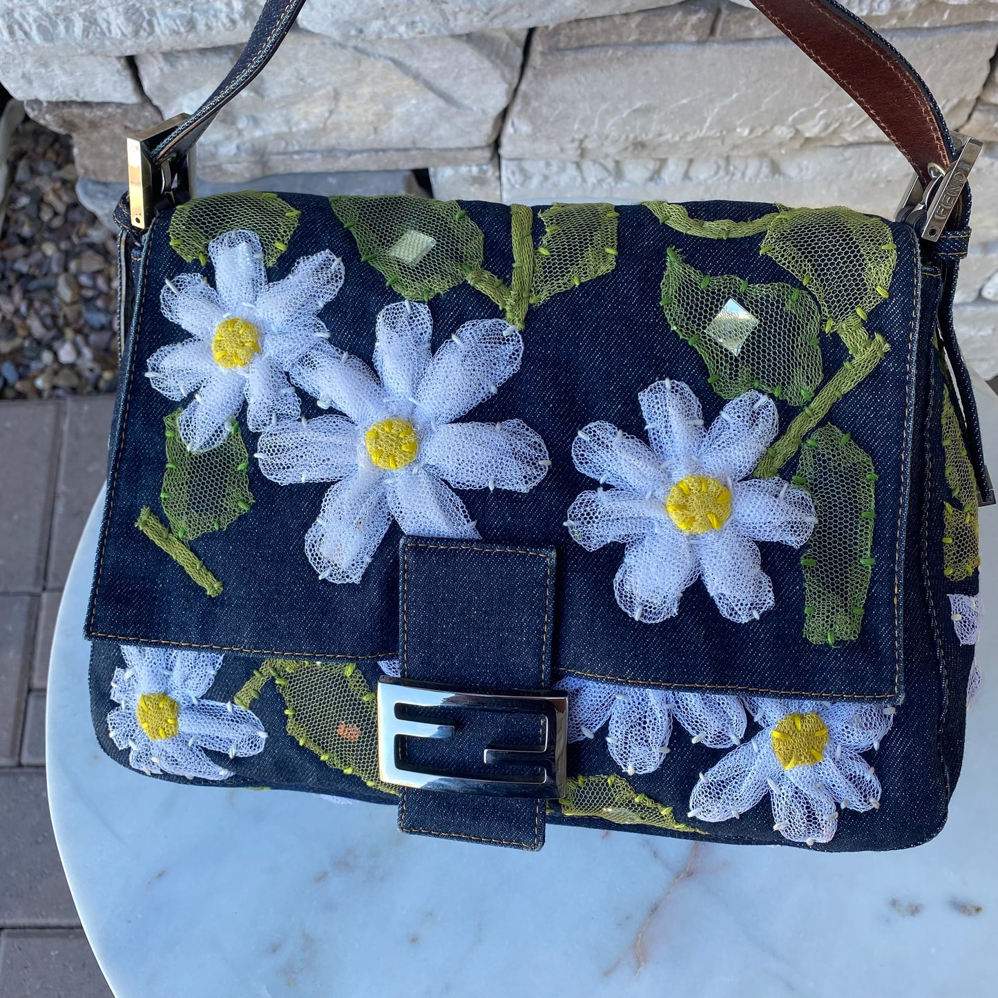 Fendi Denim Flower Mama Baguette Shoulder Bag