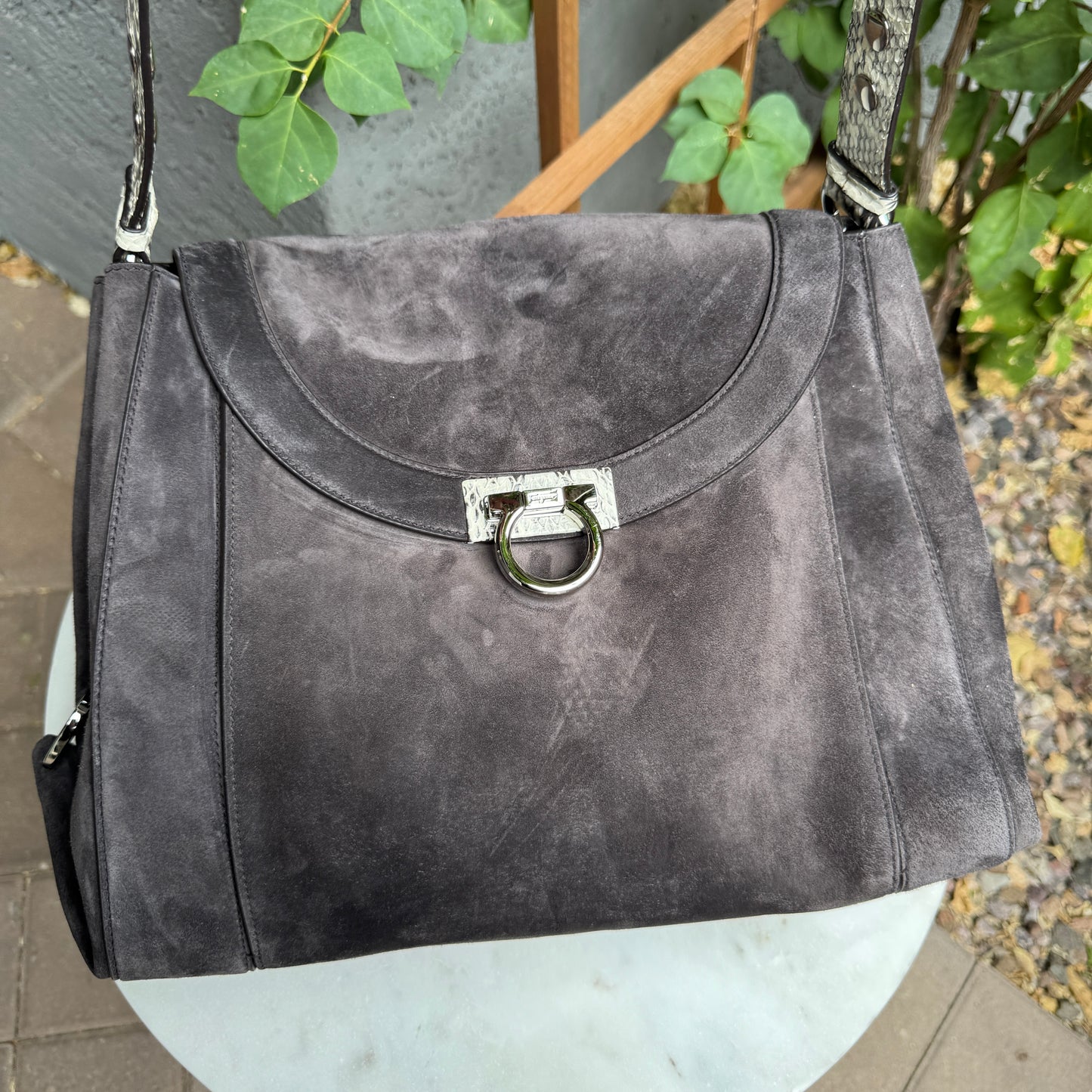 Ferragamo Suede and Python Shoulder Bag