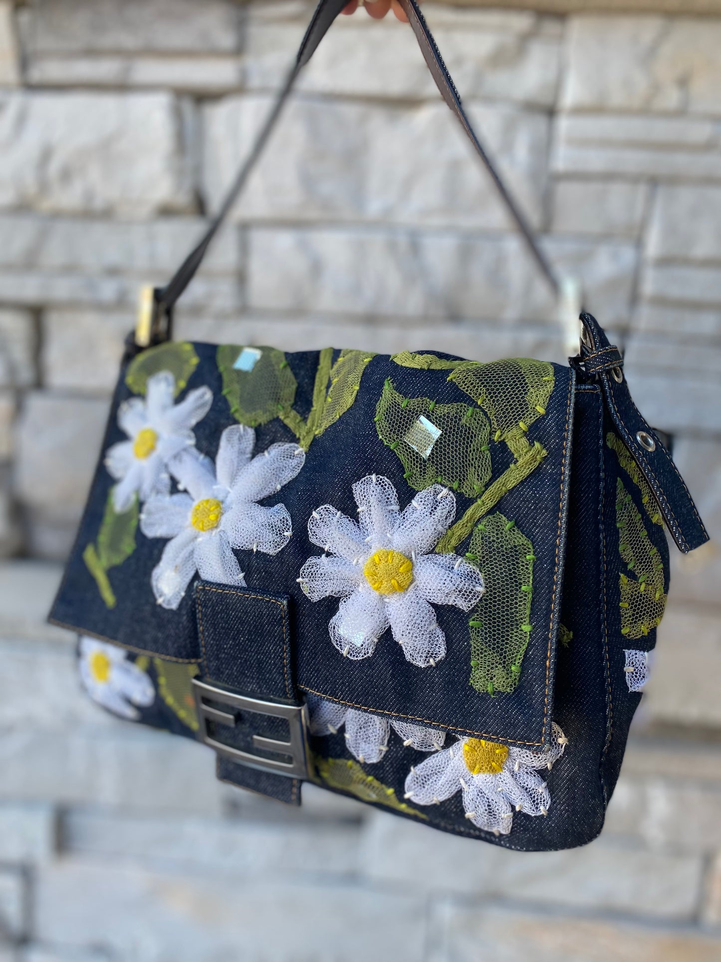 Fendi Denim Flower Mama Baguette Shoulder Bag