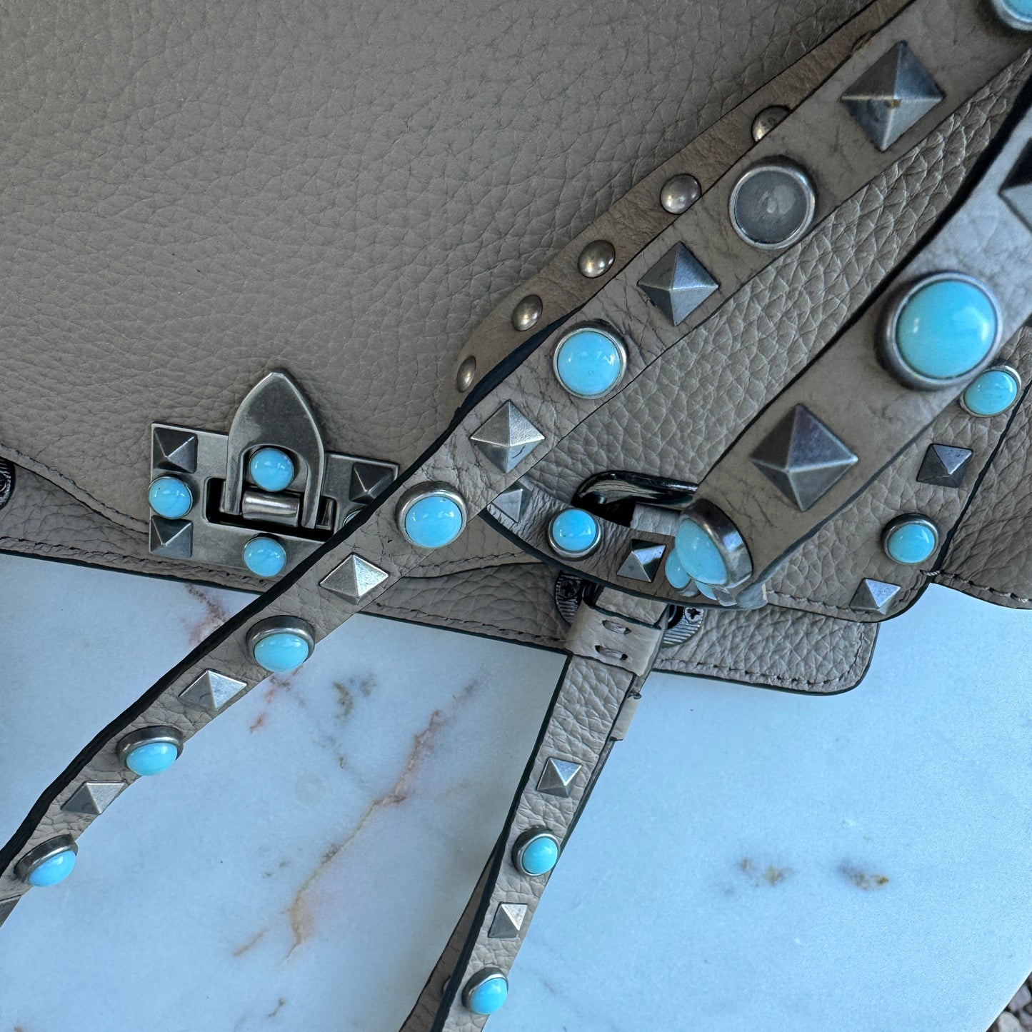 Valentino Garavani Rolling Turquoise Rockstud Tote