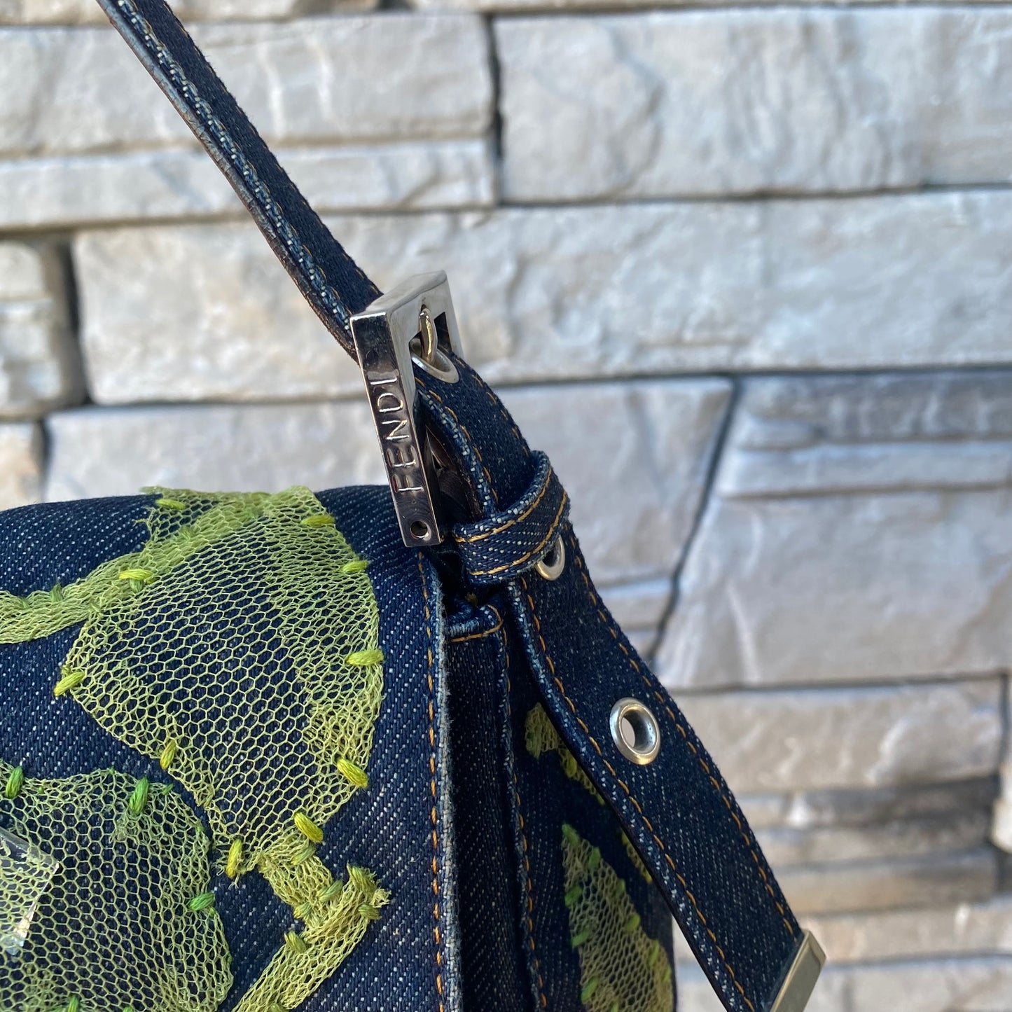 Fendi Denim Flower Mama Baguette Shoulder Bag