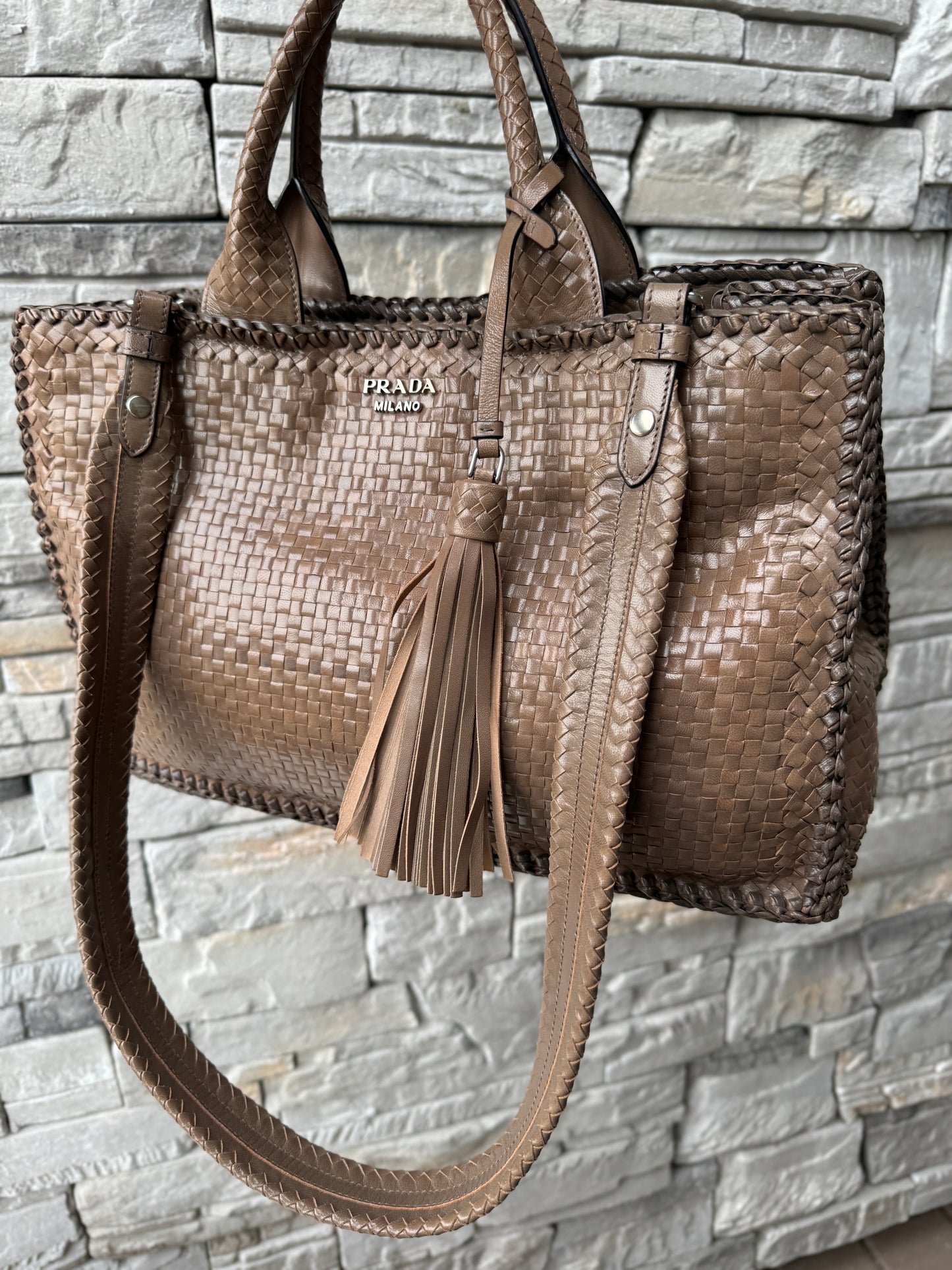 Prada Madras Woven Leather Tote