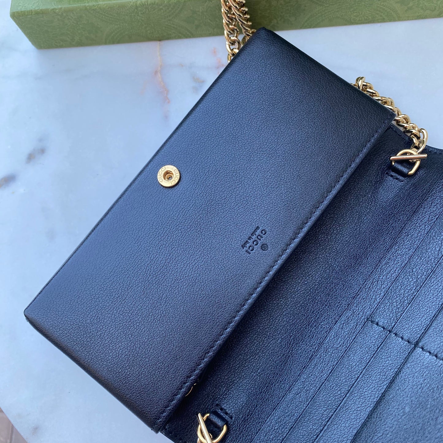 Gucci Full Flap Wallet on Chain GG Embossed Leather Crossbody