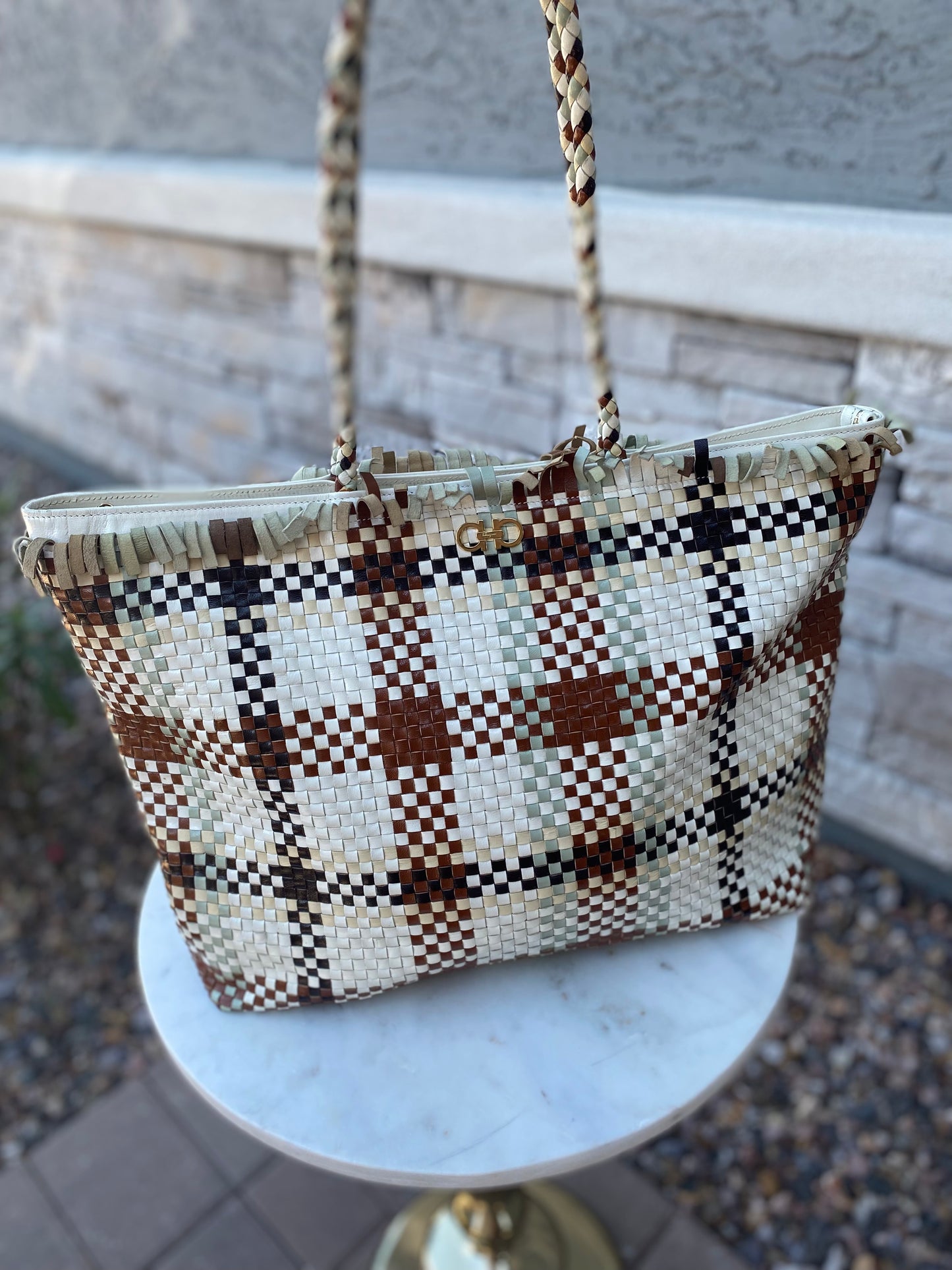 Salvatore Ferragamo Gancini Intrecciato Woven Leather Tote