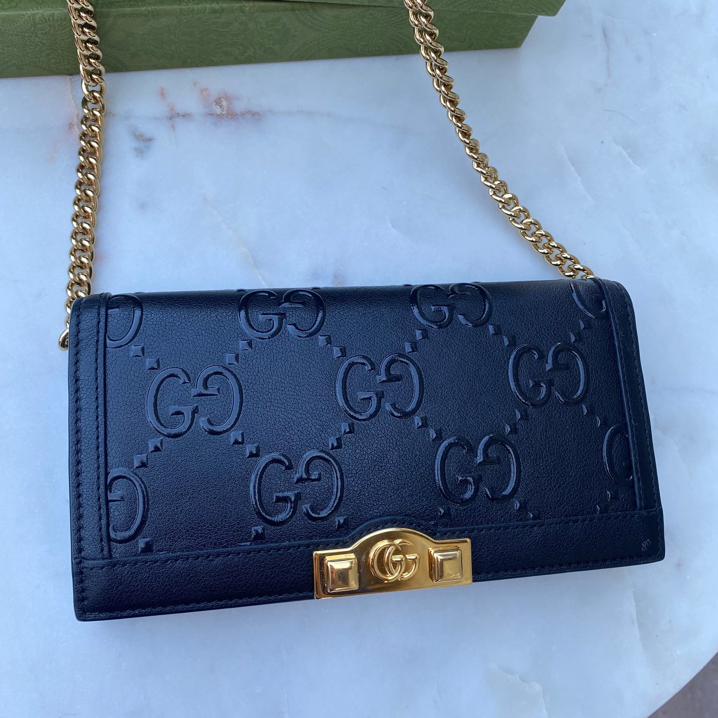 Gucci Full Flap Wallet on Chain GG Embossed Leather Crossbody
