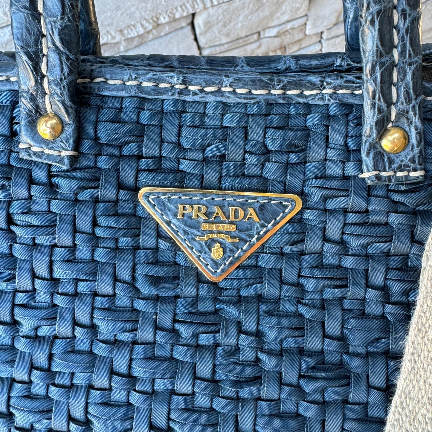 Prada Coccodrillo-Trimmed Tessuto Weave Handle Bag