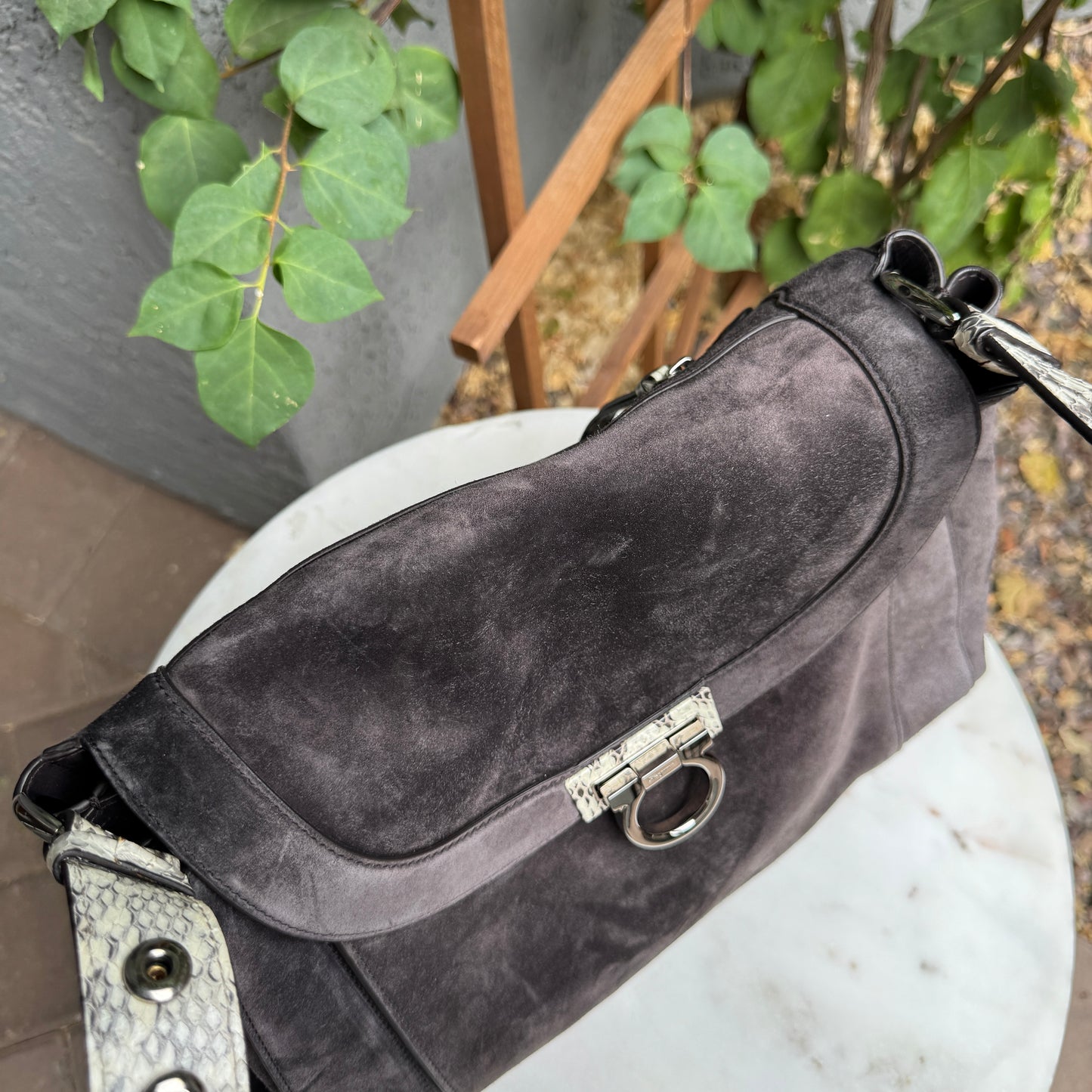 Ferragamo Suede and Python Shoulder Bag