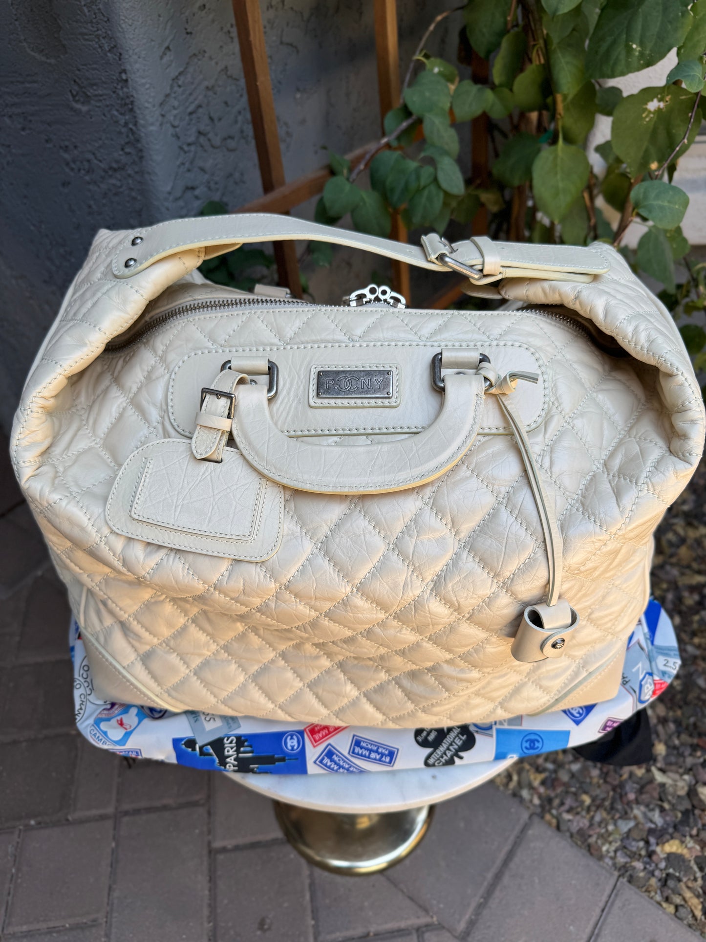 Chanel Bone Quilted Leather Travel Carry-On Duffle Bag