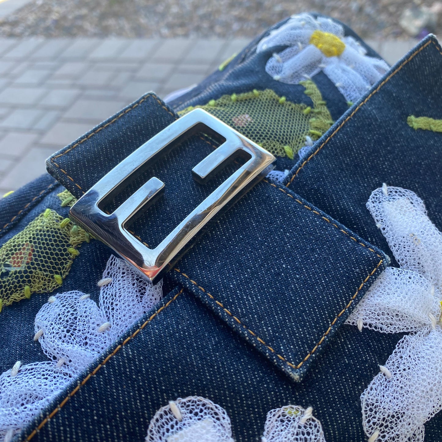 Fendi Denim Flower Mama Baguette Shoulder Bag