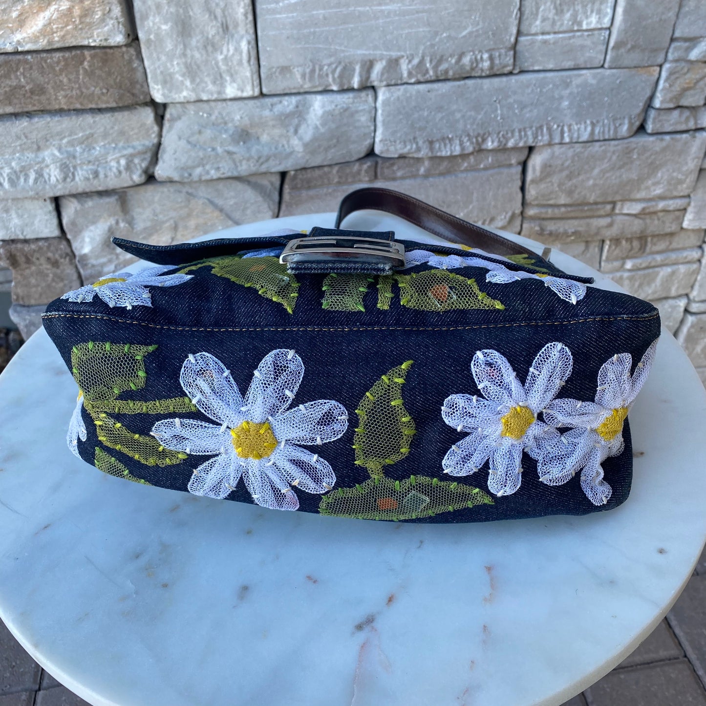 Fendi Denim Flower Mama Baguette Shoulder Bag