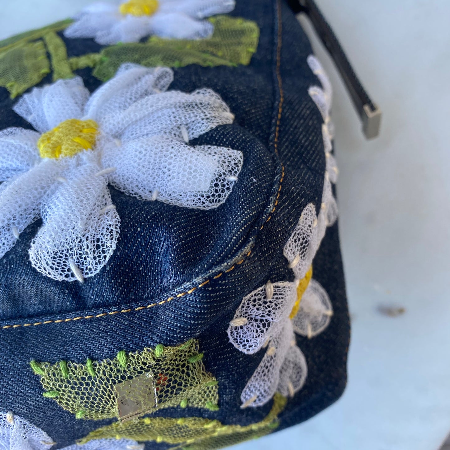 Fendi Denim Flower Mama Baguette Shoulder Bag
