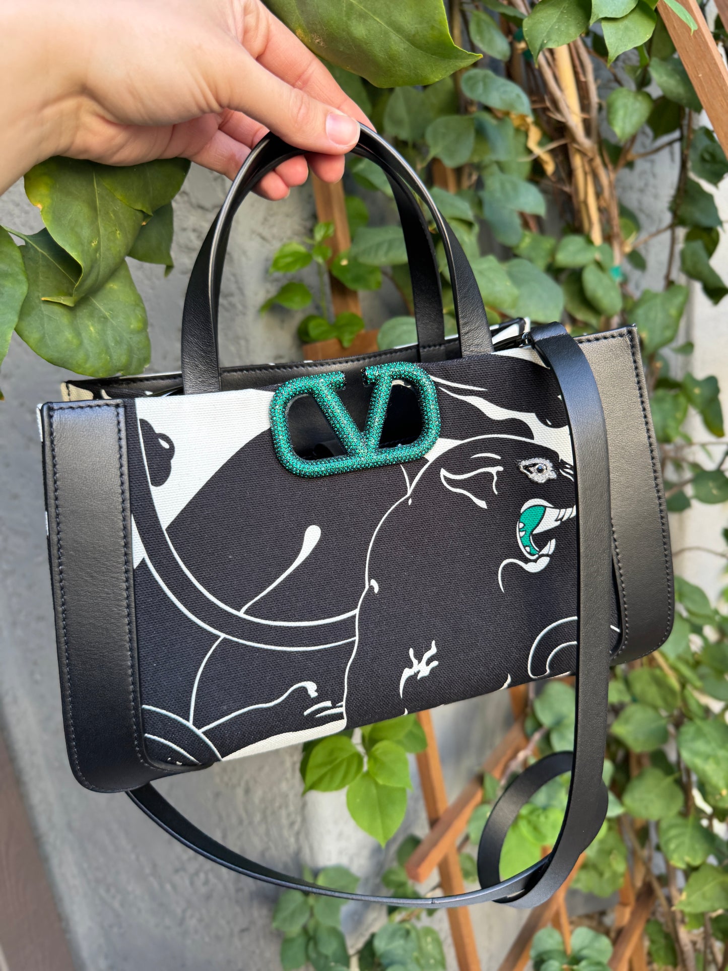 Valentino Garavani Canvas Panther Calfskin Crystal Small Vlogo Signature Tote