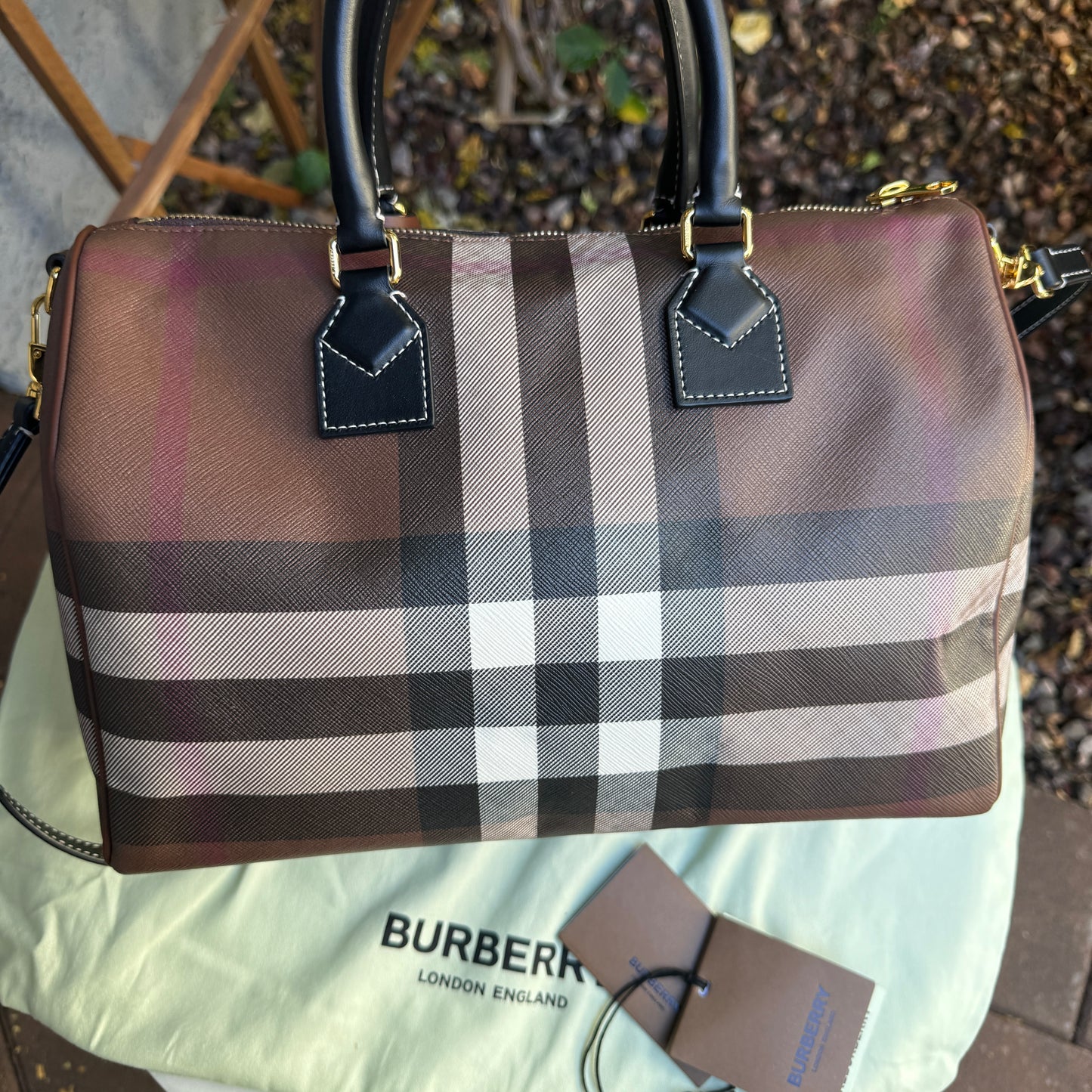 Burberry Dark Birch Brown Check and Leather Medium Bowling Bag