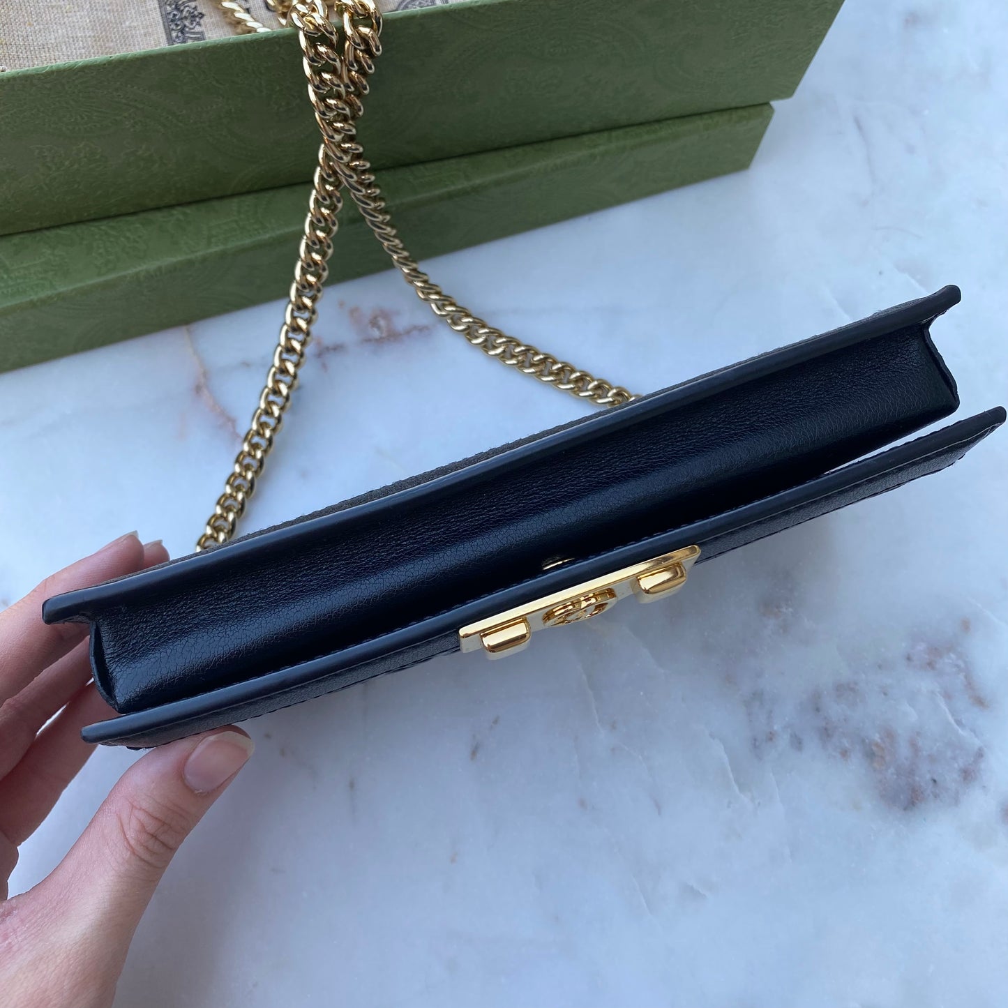 Gucci Full Flap Wallet on Chain GG Embossed Leather Crossbody