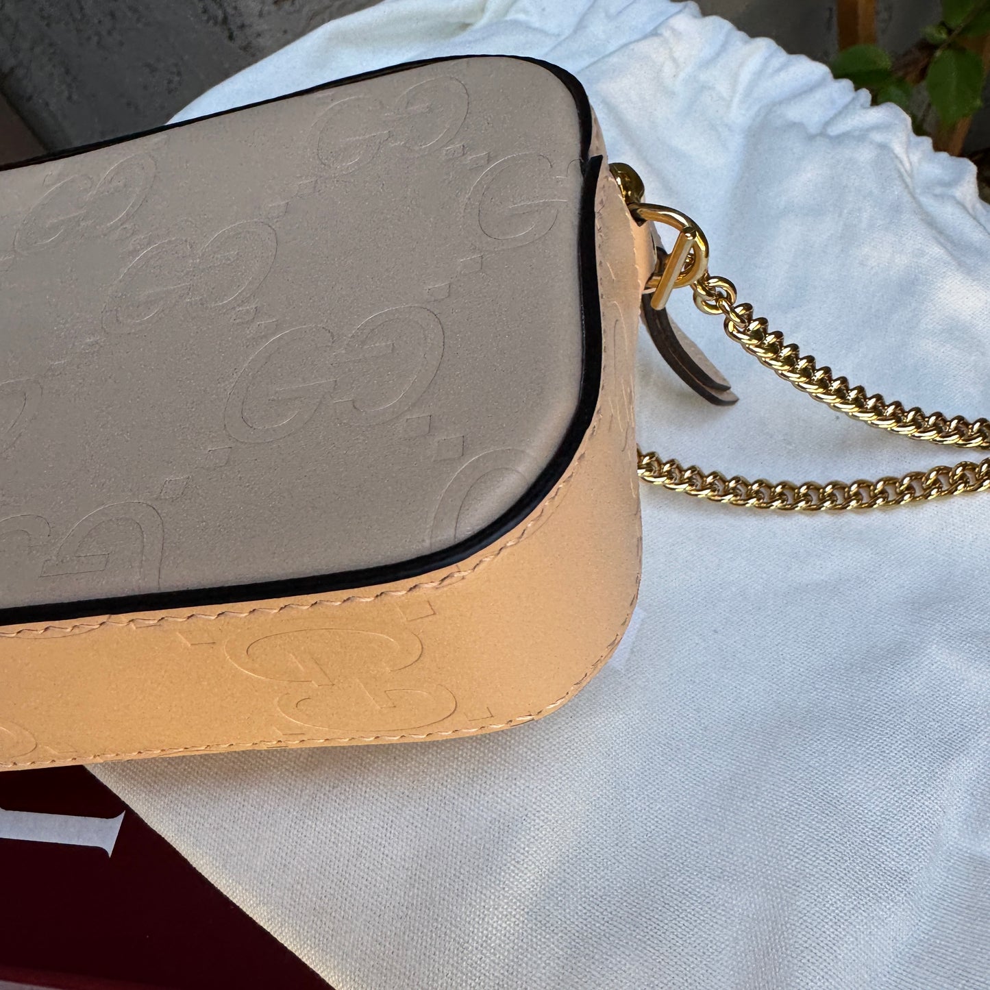 Gucci Calfskin GG Super Mini Debossed Chain Wallet Crossbody