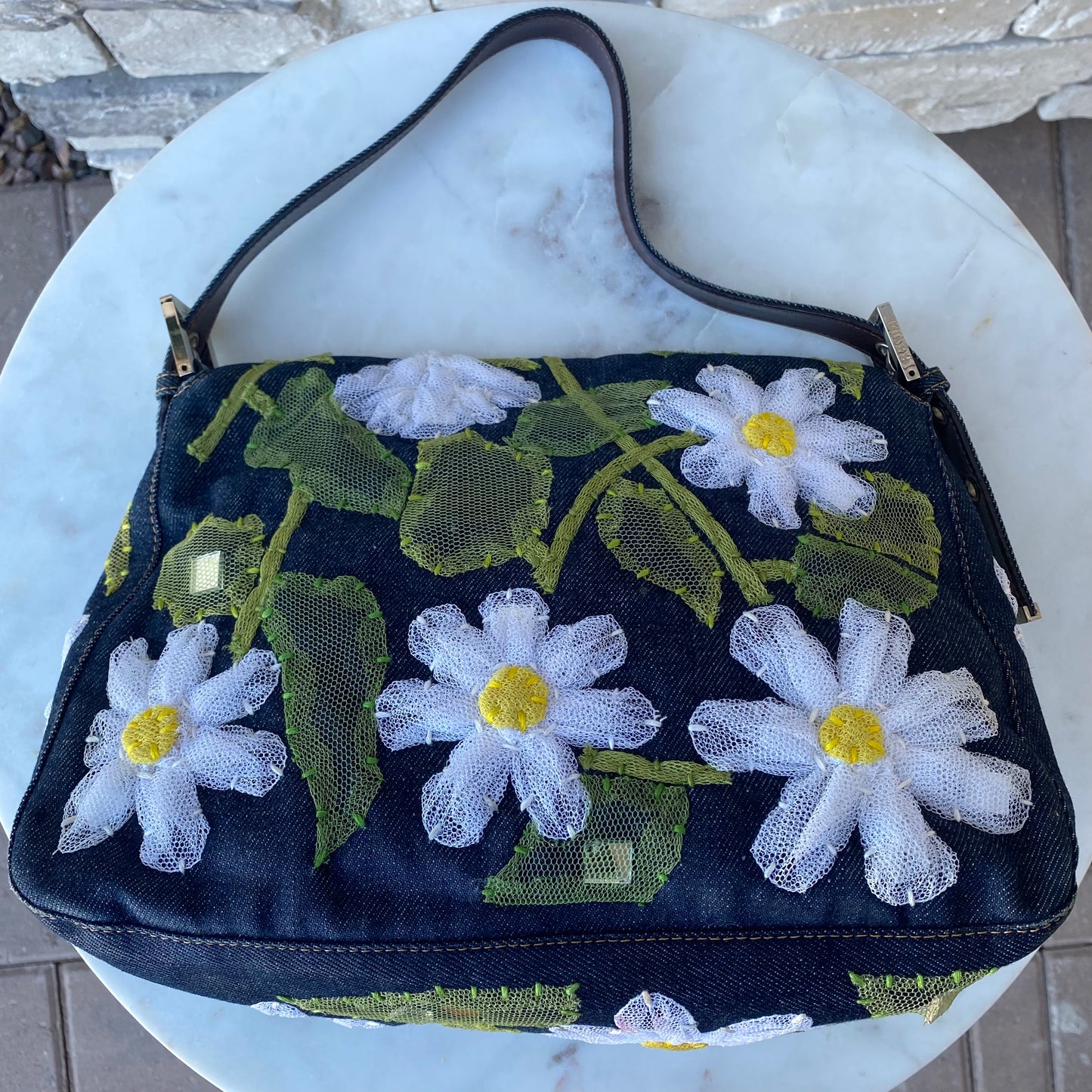 Fendi Denim Flower Mama Baguette Shoulder Bag