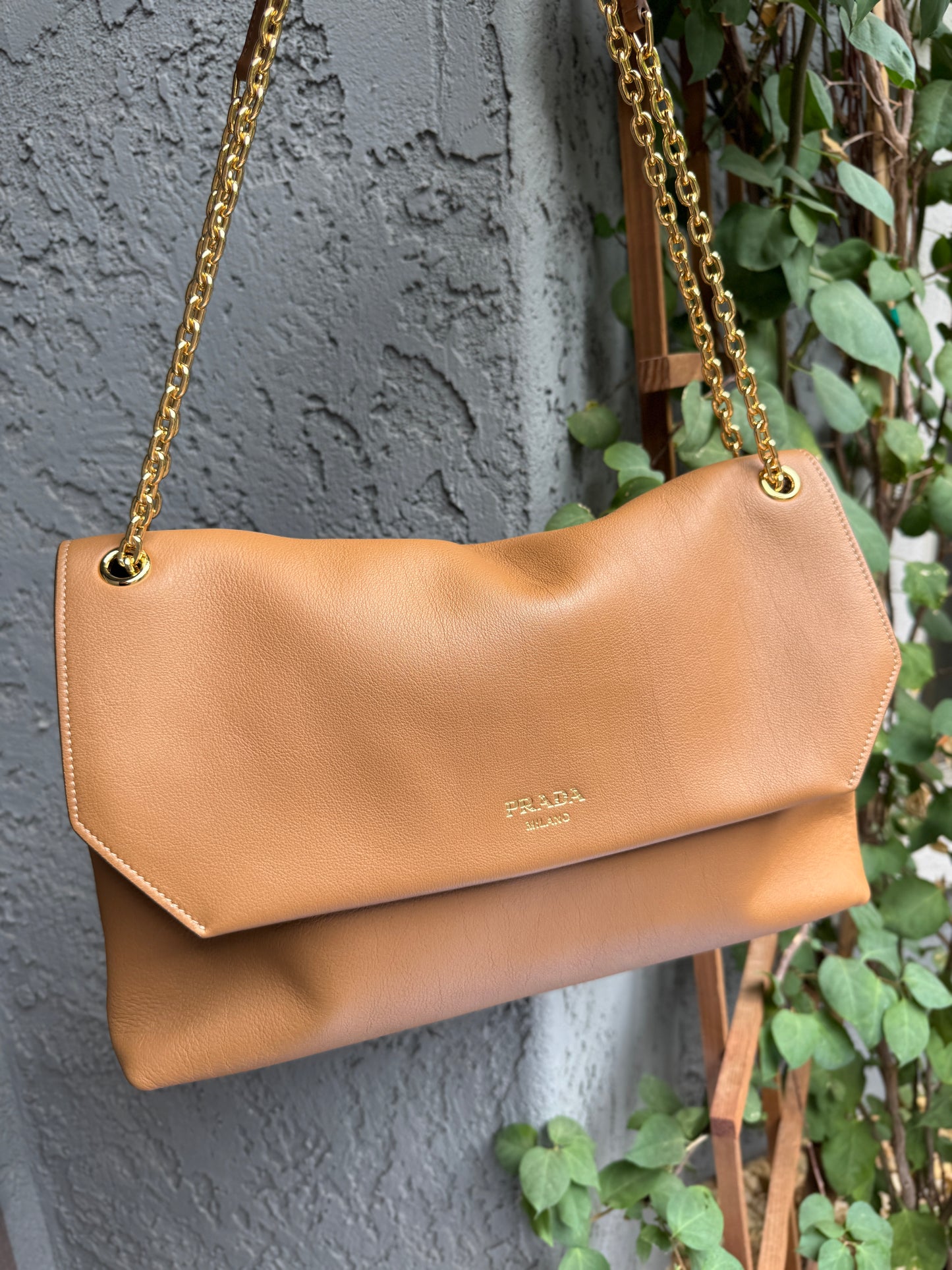 Prada Doux Extra Large Caramel Leather Shoulder Bag