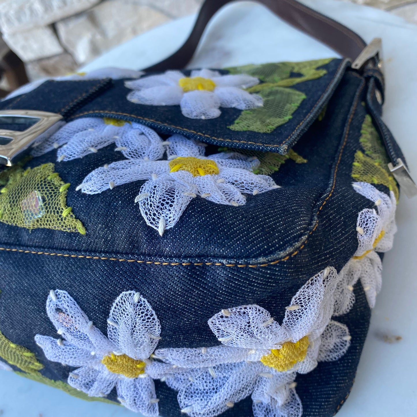 Fendi Denim Flower Mama Baguette Shoulder Bag