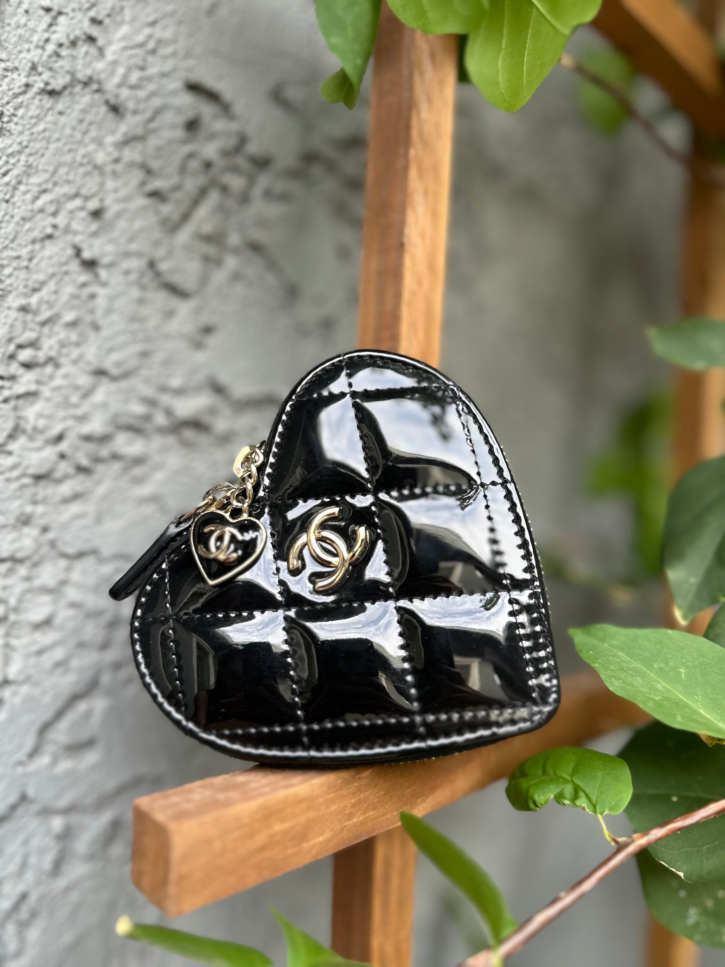 Chanel Patent Quilted Heart Zipped Coin Purse