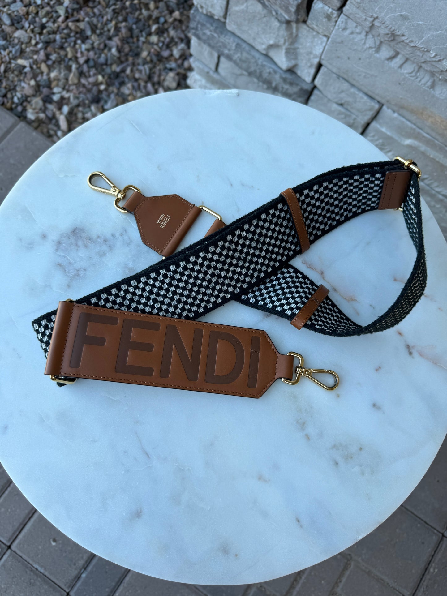 Fendi Logo Strap You Shoulder Strap Check Canvas and Leather