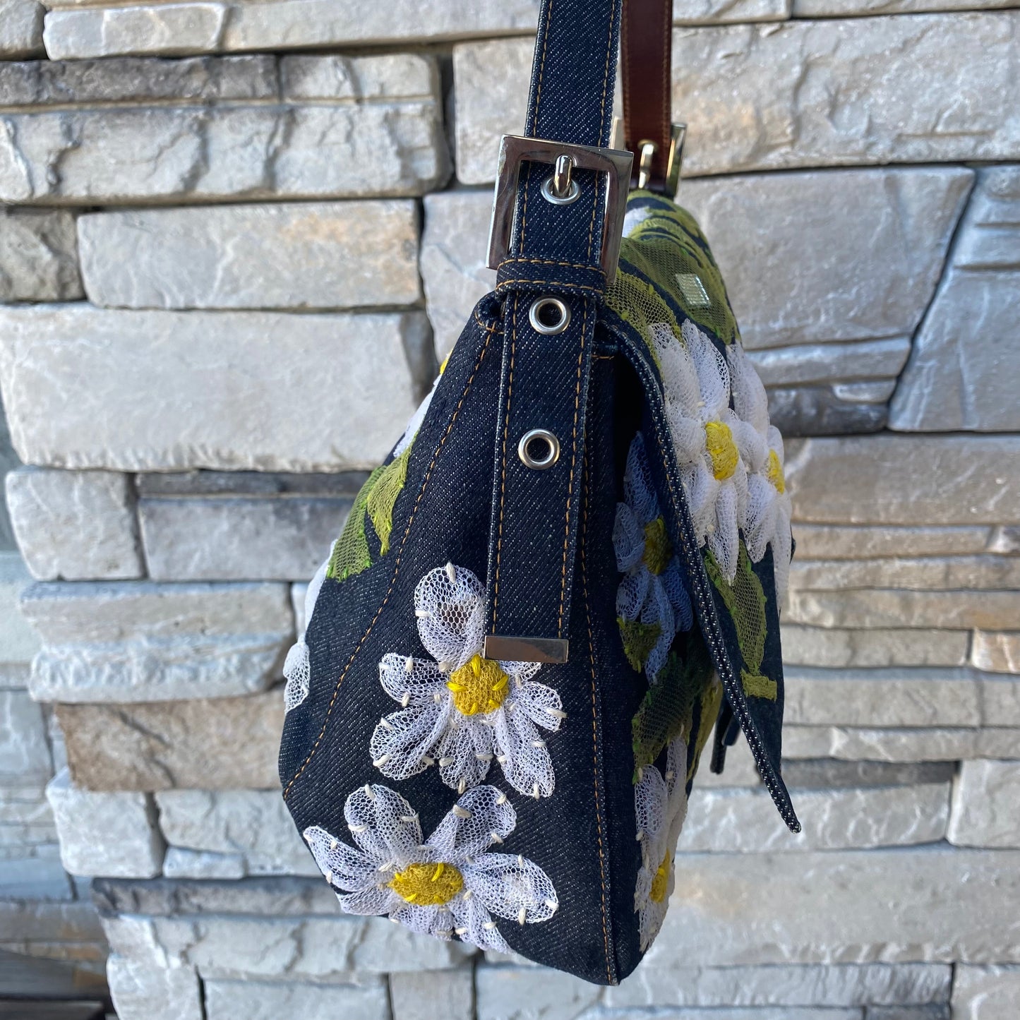 Fendi Denim Flower Mama Baguette Shoulder Bag