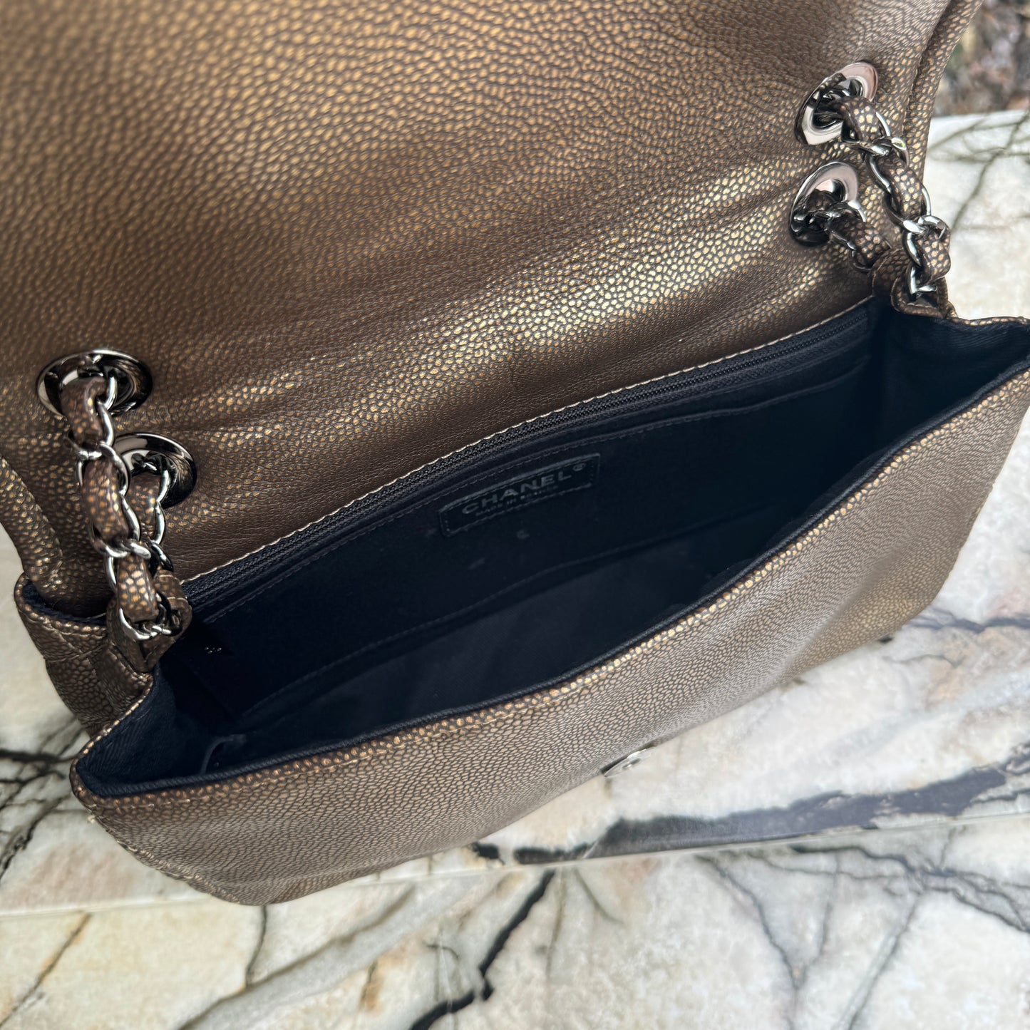 Chanel Classic Timeless Single Flap Metallic Caviar Shoulder Bag
