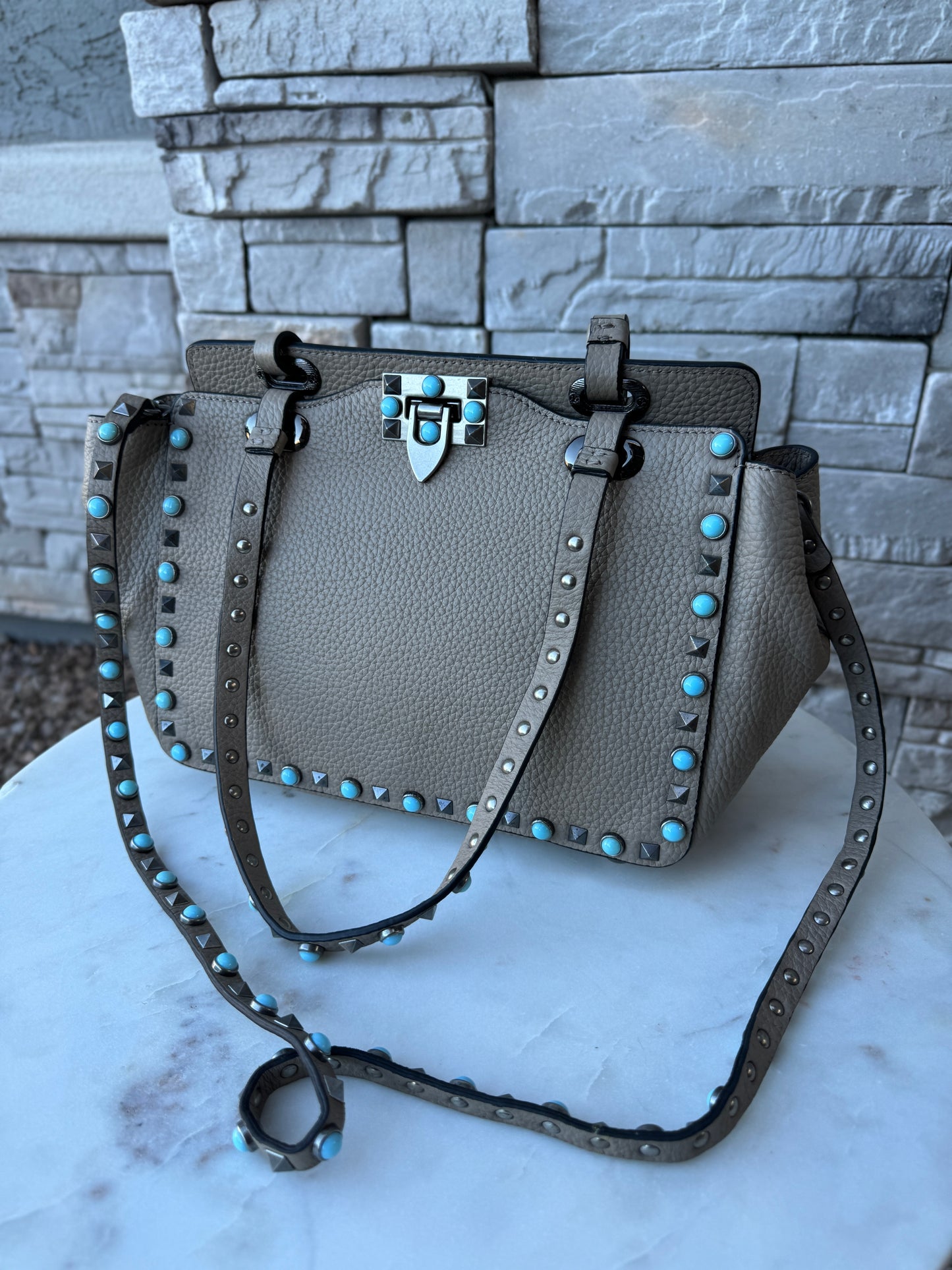 Valentino Garavani Rolling Turquoise Rockstud Tote