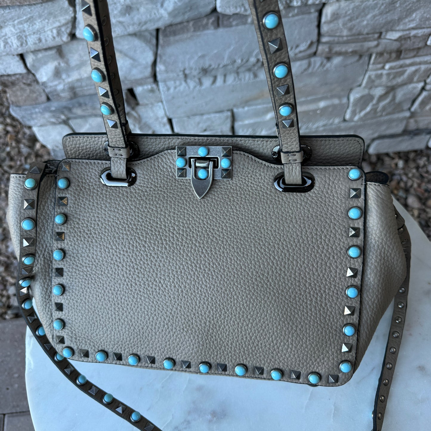 Valentino Garavani Rolling Turquoise Rockstud Tote
