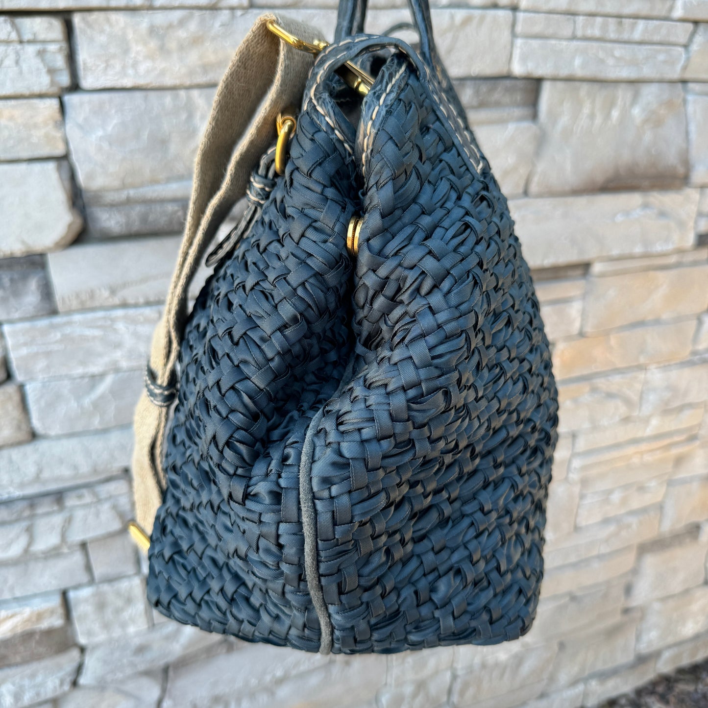 Prada Coccodrillo-Trimmed Tessuto Weave Handle Bag