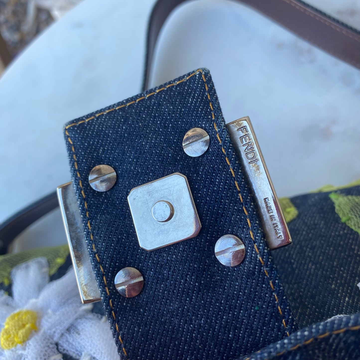Fendi Denim Flower Mama Baguette Shoulder Bag