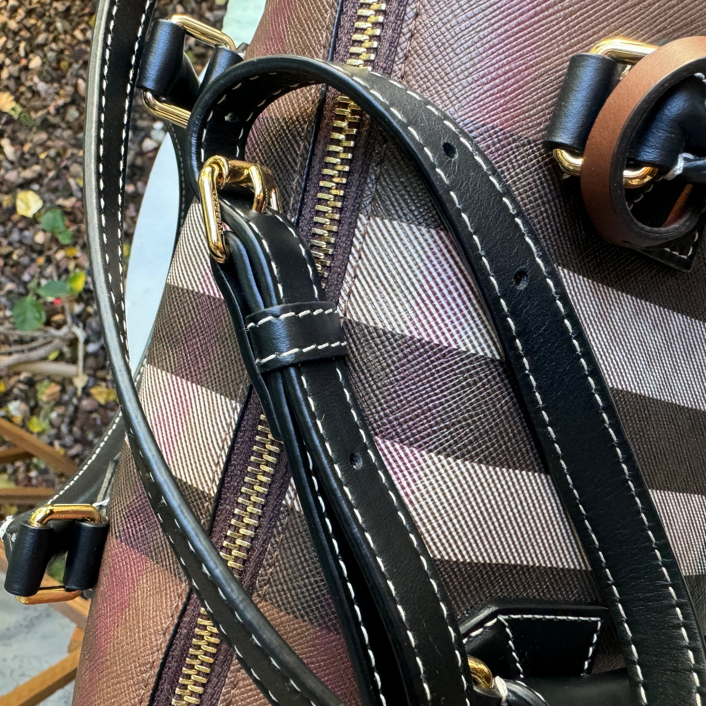 Burberry Dark Birch Brown Check and Leather Medium Bowling Bag