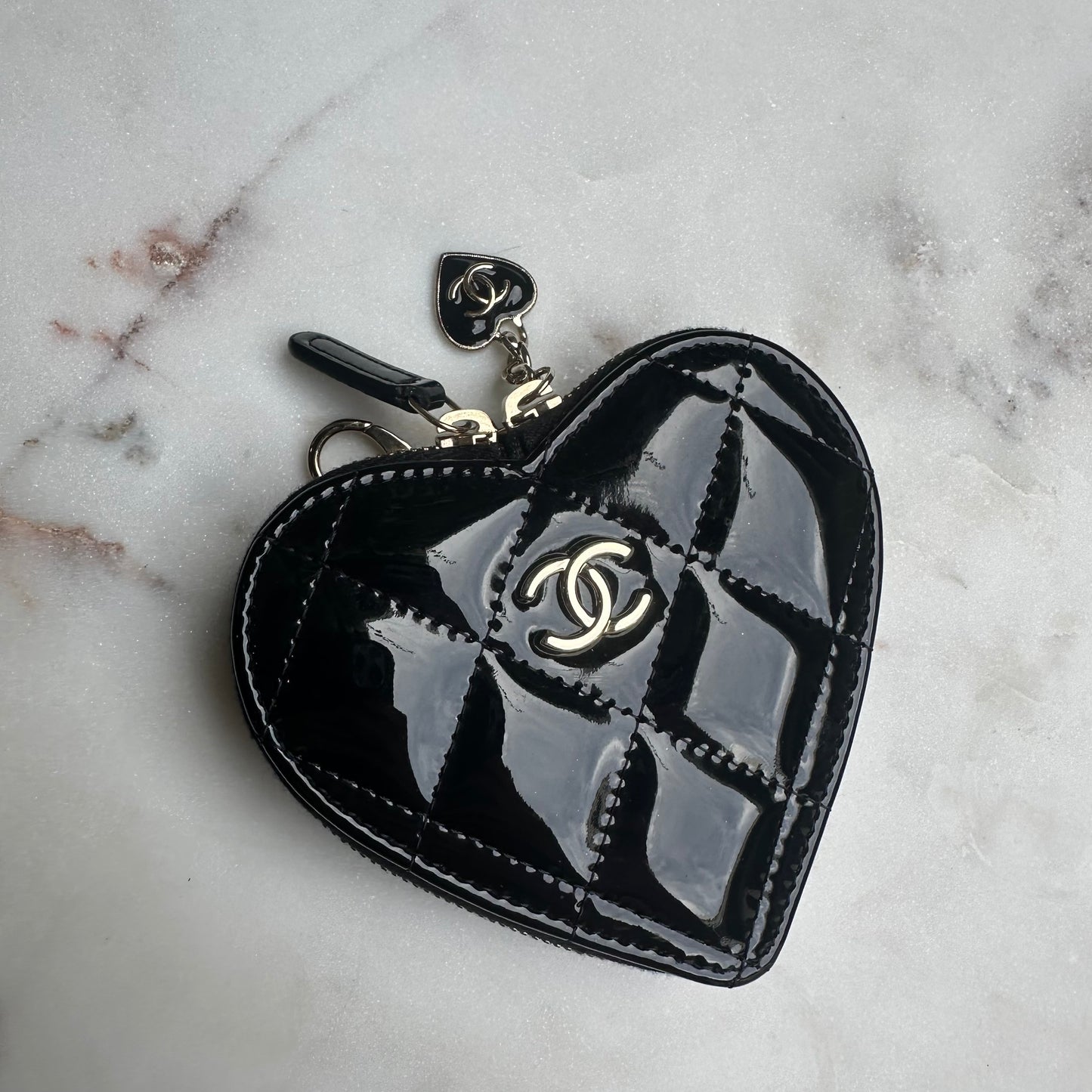 Chanel Patent Quilted Heart Zipped Coin Purse