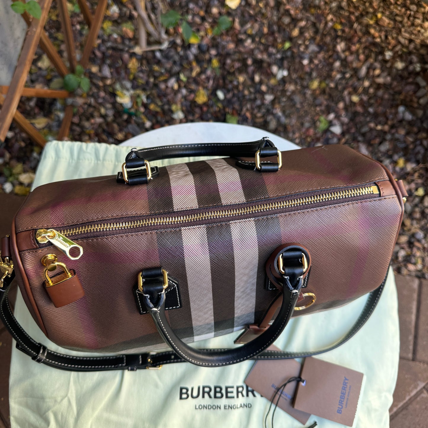 Burberry Dark Birch Brown Check and Leather Medium Bowling Bag